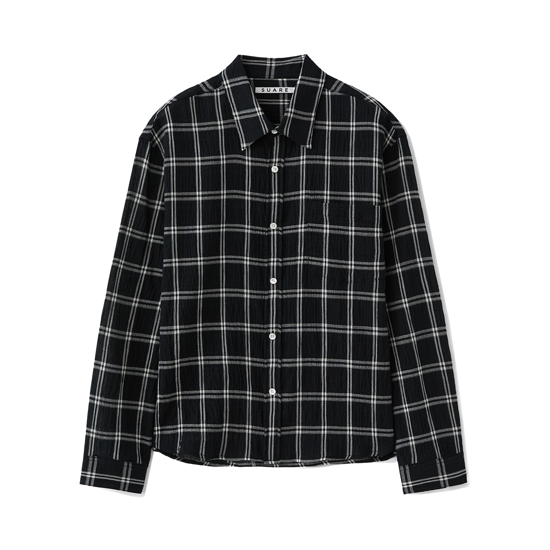 (W) 수아레 우먼 크리즈 시어 체크 크롭 셔츠 블랙((W) Suare Women Crease Sheer Check Crop Shirt Black) - 1