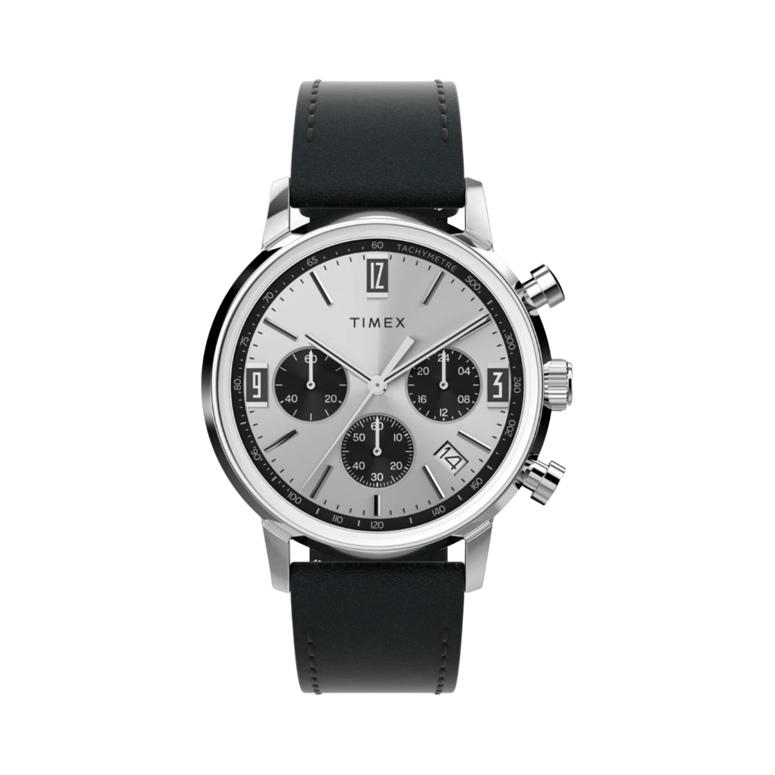 TW2W10300 Timex Marlin Chronograph Tachymeter 40mm Leather Strap Watch Black Silver Tone