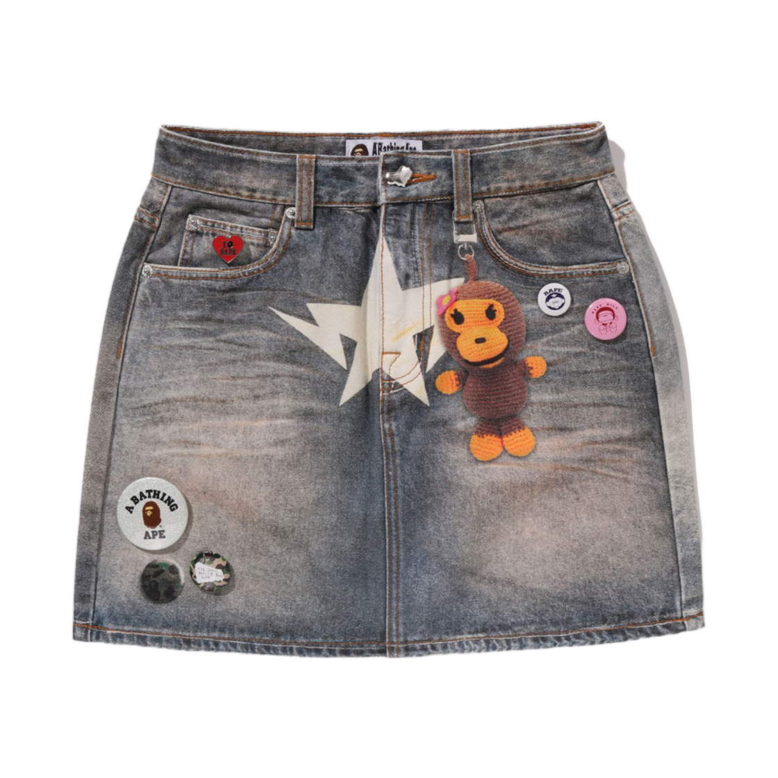 (W) 베이프 페이크 프린트 멀티 로고 데님 스커트 인디고((W) BAPE Fake Print Multi Logo Denim Skirt Indigo) - 1
