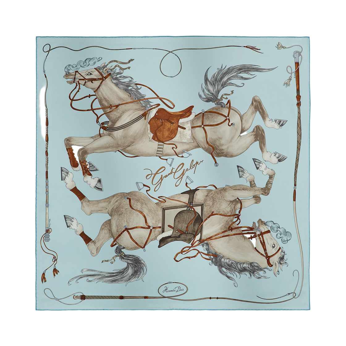 H004311S05 (W) Hermes Grand Galop Scarf 90 Silk Twill & Bleu Ciel Gris Cuir