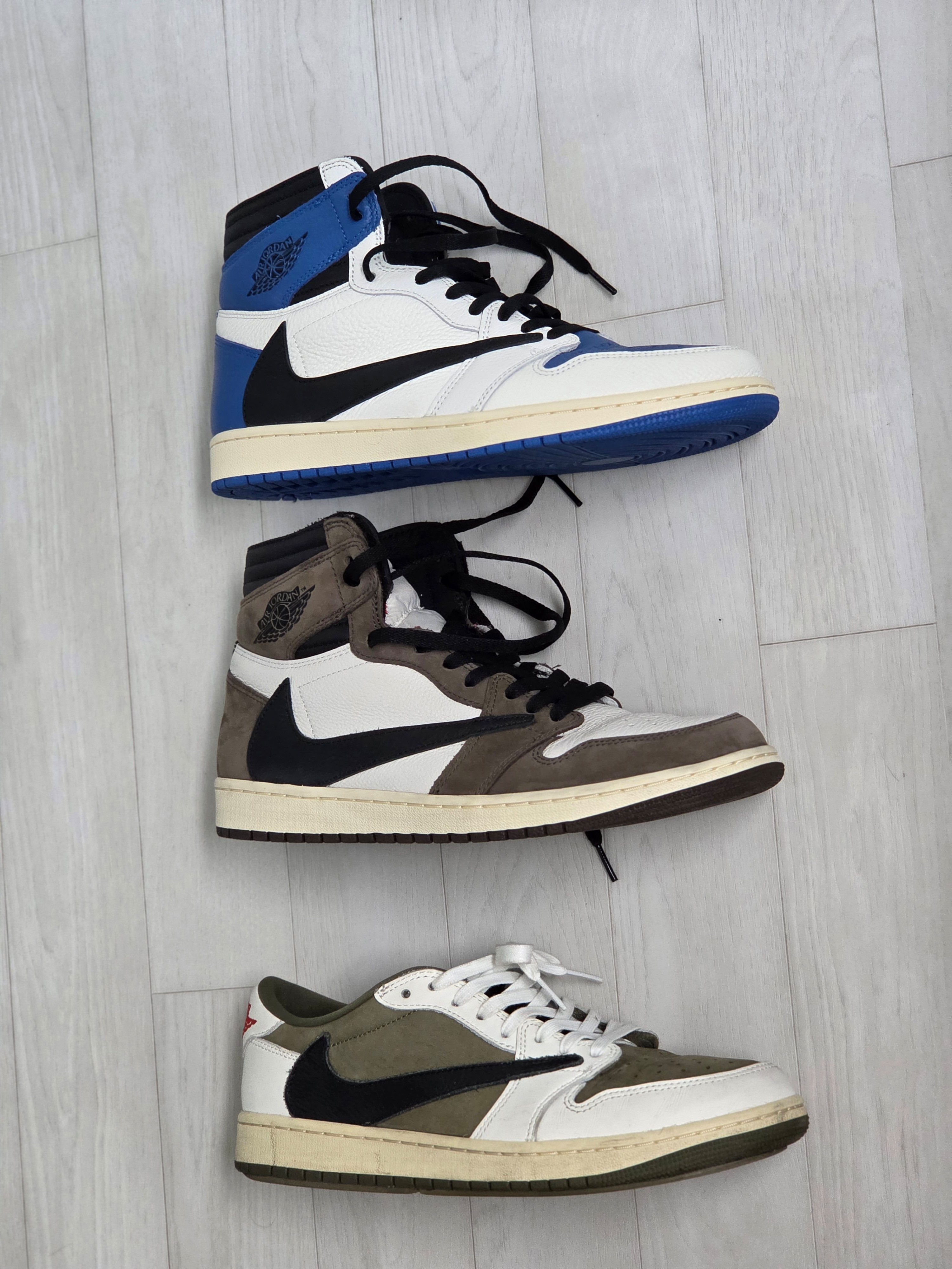 Jordan 1 x Travis Scott Retro High OG SP Mocha, Jordan 1 x Travis Scott x Fragment Retro High OG SP Military Blue 착용 스타일