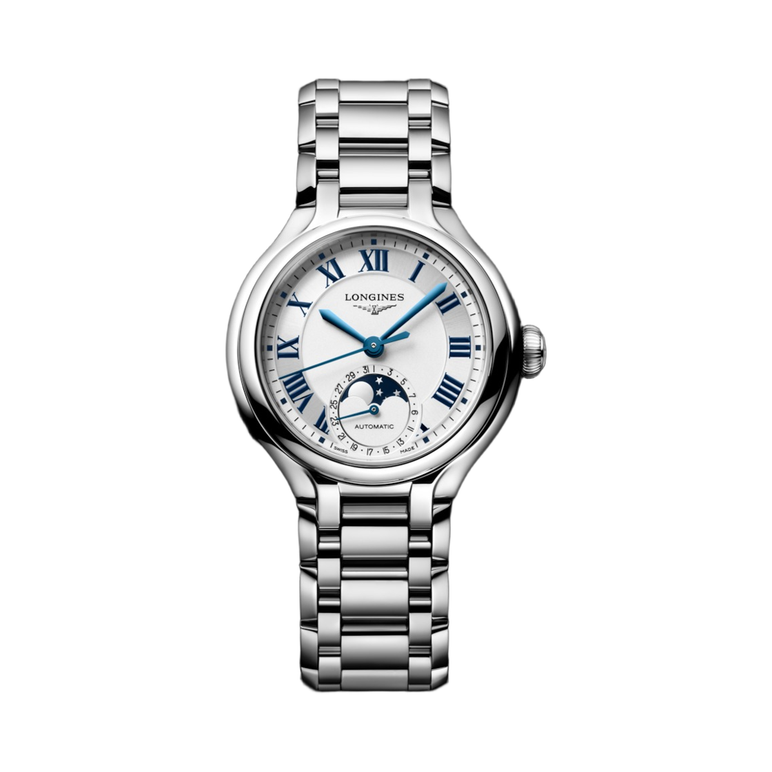 (W) 론진 프리마루나 문페이즈 오토매틱 34mm 스테인리스 스틸 실버((W) Longines Primaluna Moonphase Automatic 34mm Stainless Steel Silver)