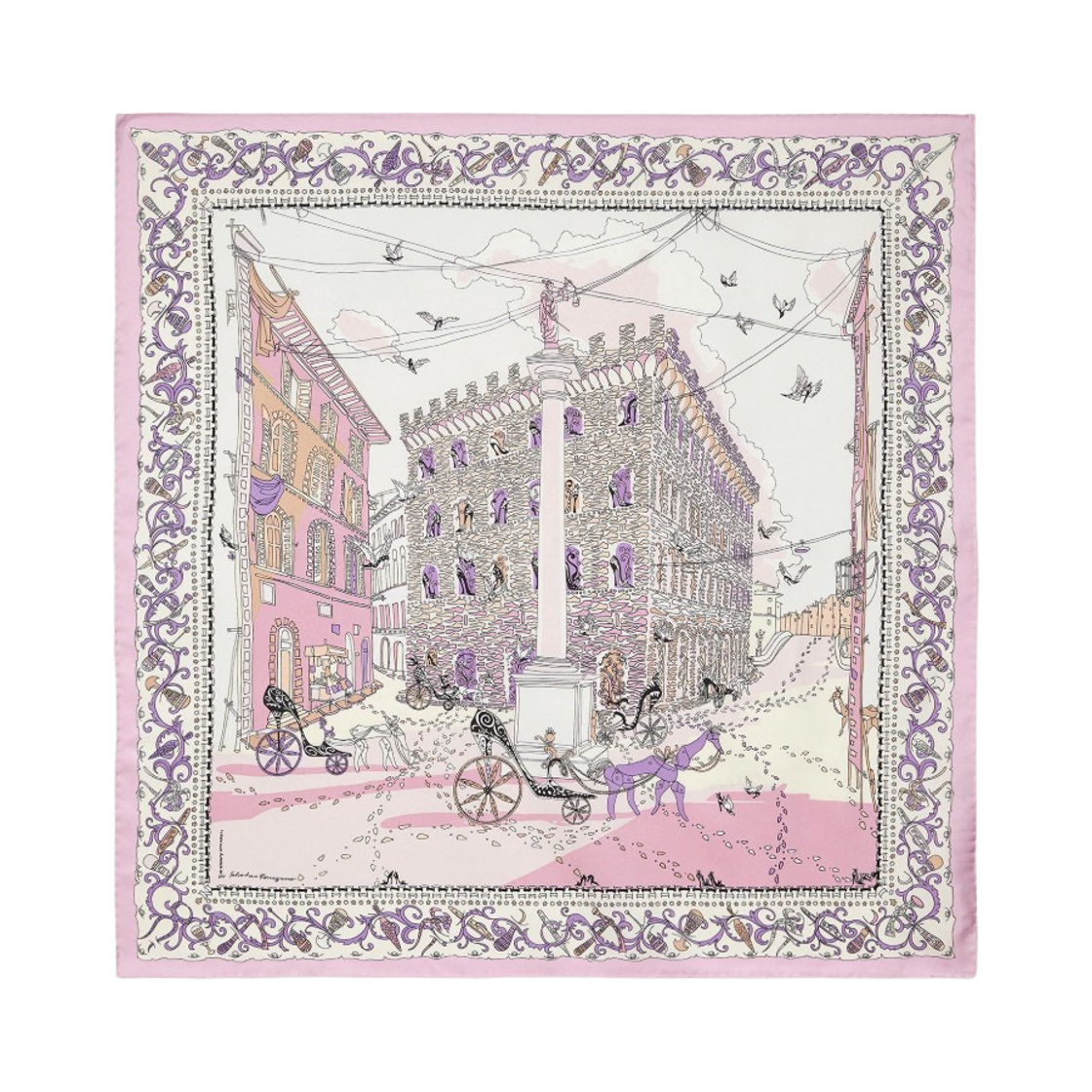 311595-999186 (W) Ferragamo Palazzo Print Silk Scarf Pink Ivory