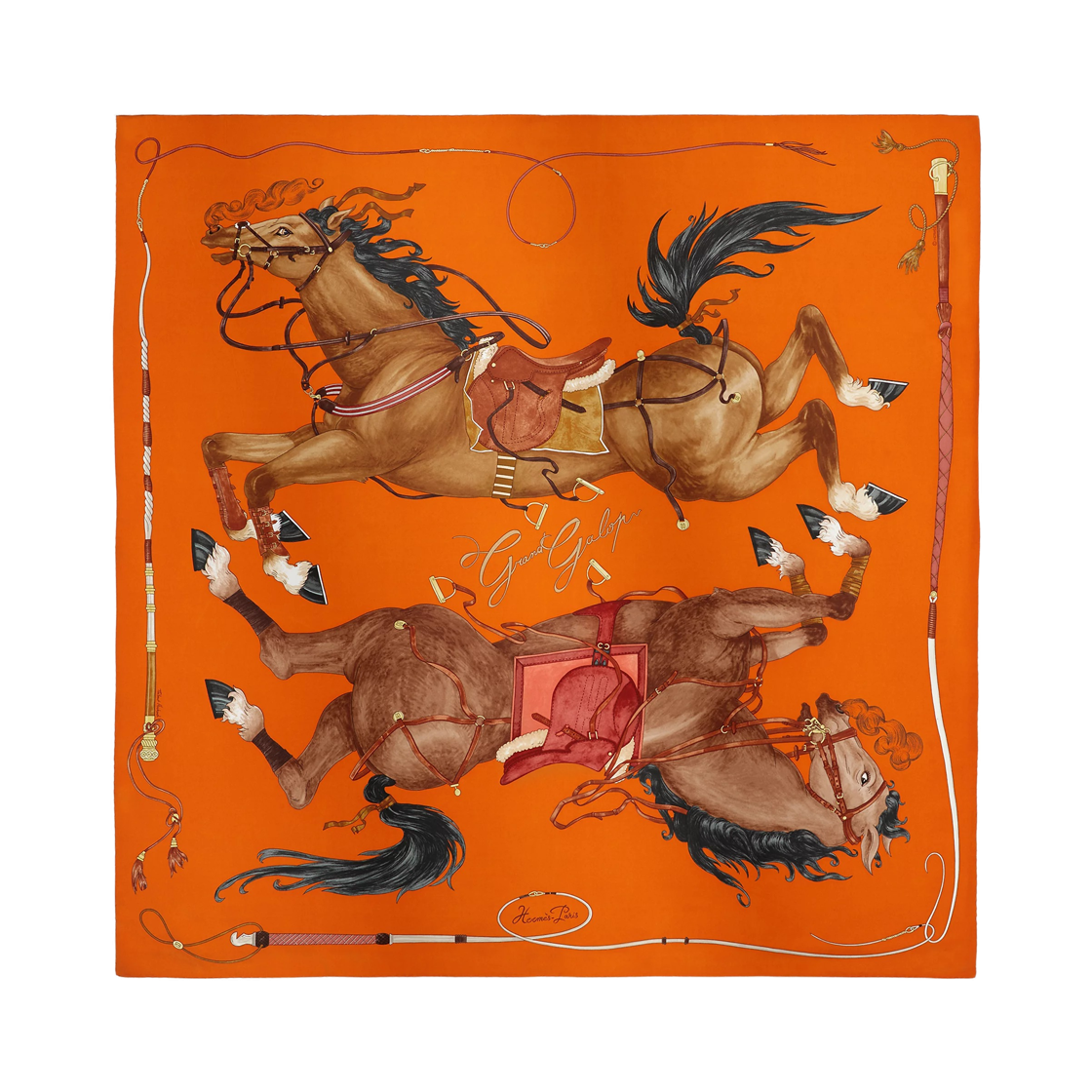 H004311S01 (W) Hermes Grand Galop Scarf 90 Silk Twill & Orange Cuit Cuir Brique