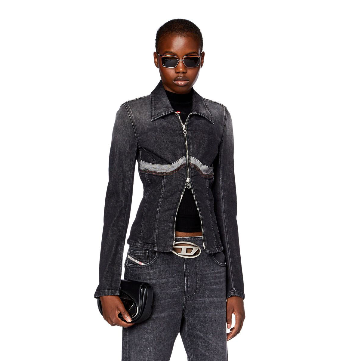 (W) Diesel De-Milly-S Zip Up Denim Jacket Dark Grey 착용 스타일 - 2