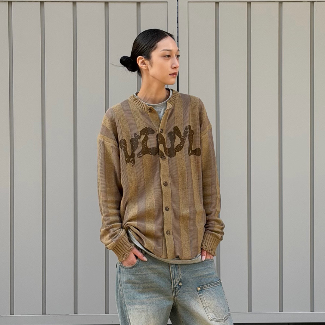 Thevinylhouse Net Mixed Grunge Cardigan Sand 착용 스타일