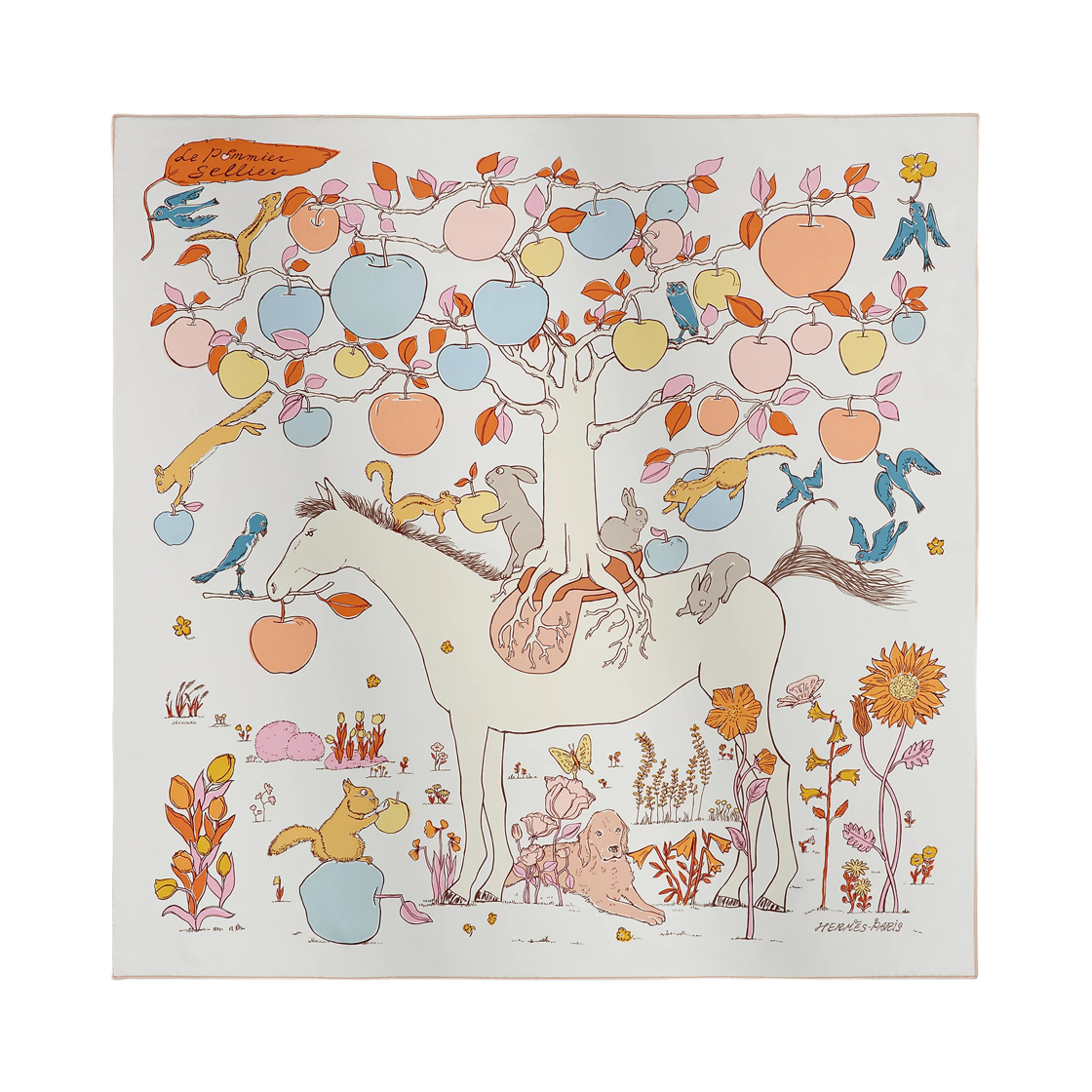 (W) 에르메스 르 포미에 셀리에 스카프 90 실크 트윌 & 블랑 블루 글라시에 아브리꼬((W) Hermes Le Pommier Sellier Scarf 90 Silk Twill & Blanc Bleu Glacier Abricot)