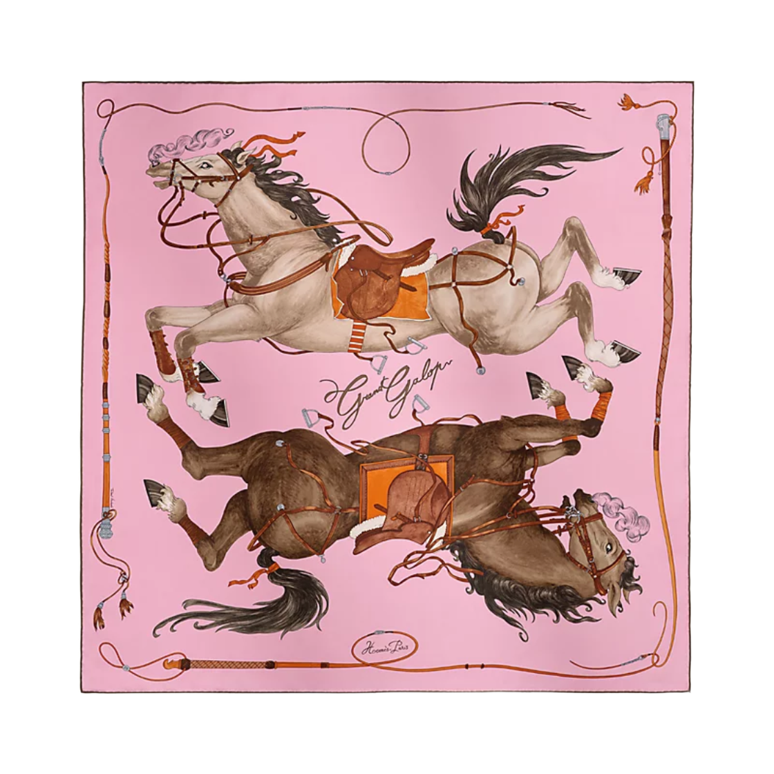 H004311S04 (W) Hermes Grand Galop Scarf 90 Silk Twill & Rose Dragee Alezan Anthracite