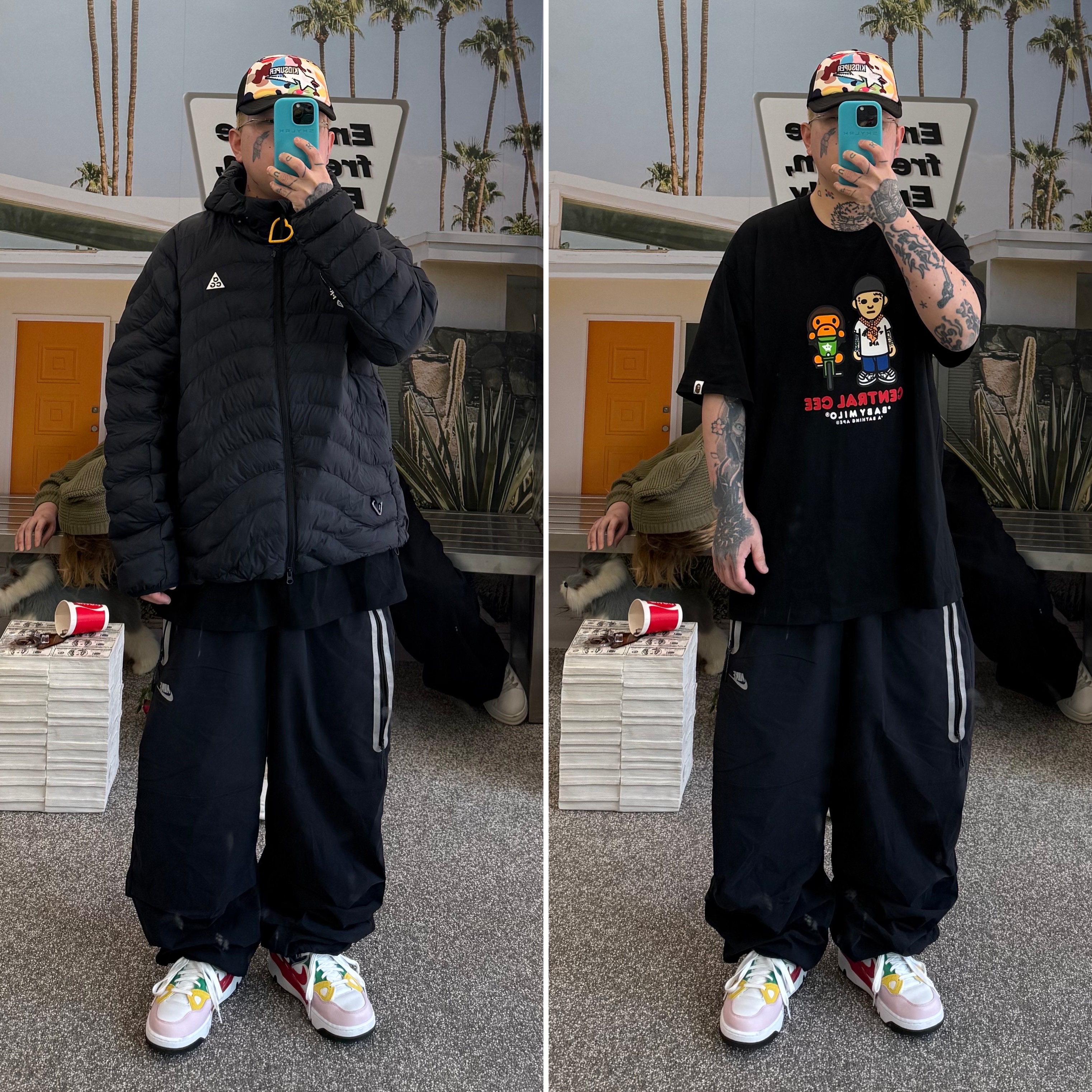 Nike Tech Woven Pants (IM7259-010), Nike x Nigo Air Force 3 Low SP Blue Void and Tour Yellow 착용 스타일 - 1