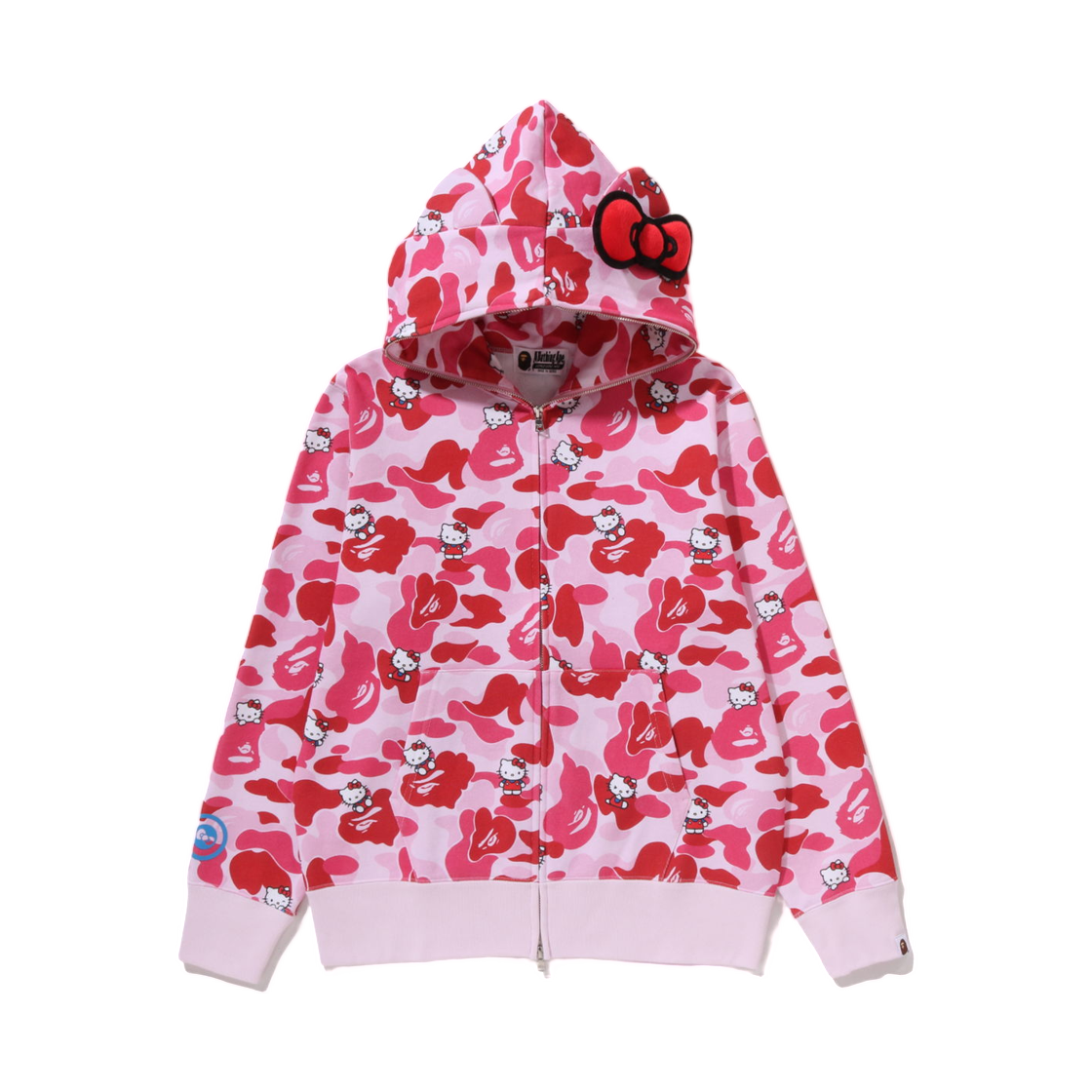 (W) 베이프 x 산리오 캐릭터즈 헬로 키티 카모 풀 집 후드 핑크((W) BAPE x Sanrio Characters Hello Kitty Camo Full Zip Hoodie Pink)