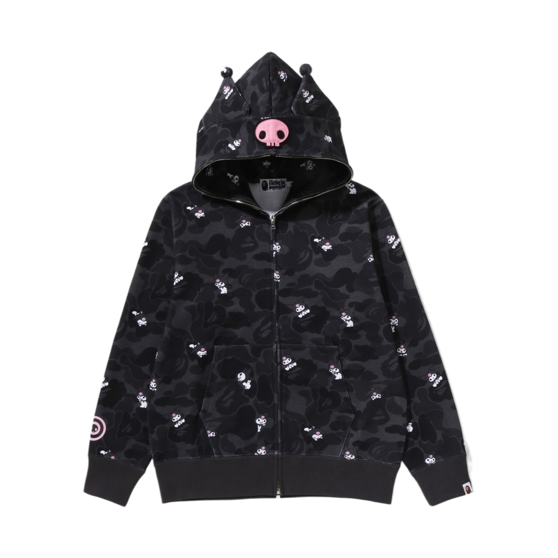 (W) 베이프 x 산리오 캐릭터즈 쿠로미 카모 풀 집 후드 블랙((W) BAPE x Sanrio Characters Kuromi Camo Full Zip Hoodie Black)