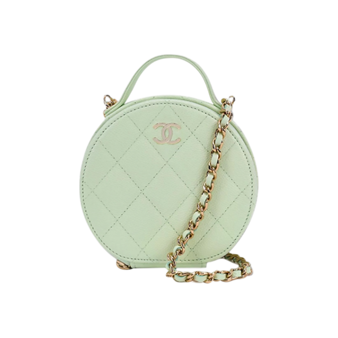 ITGFTKBODMNQ Chanel Cosmetic Tambourine Chain Caviar Light Green with Gold Accents