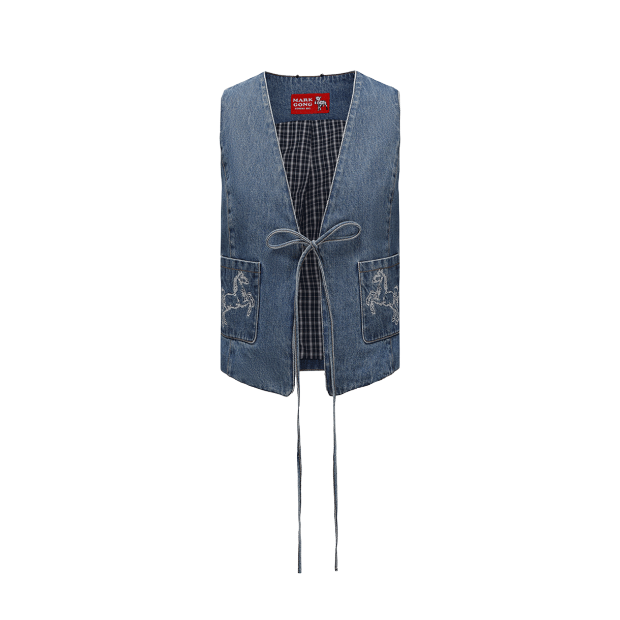 마크공 우먼 블루 데님 크로스 스티치 엠브로이더드 베스트 블루 - 26SS(Markgong Women Blue Denim Cross Stitch Embroidered Vest Blue - 26SS)