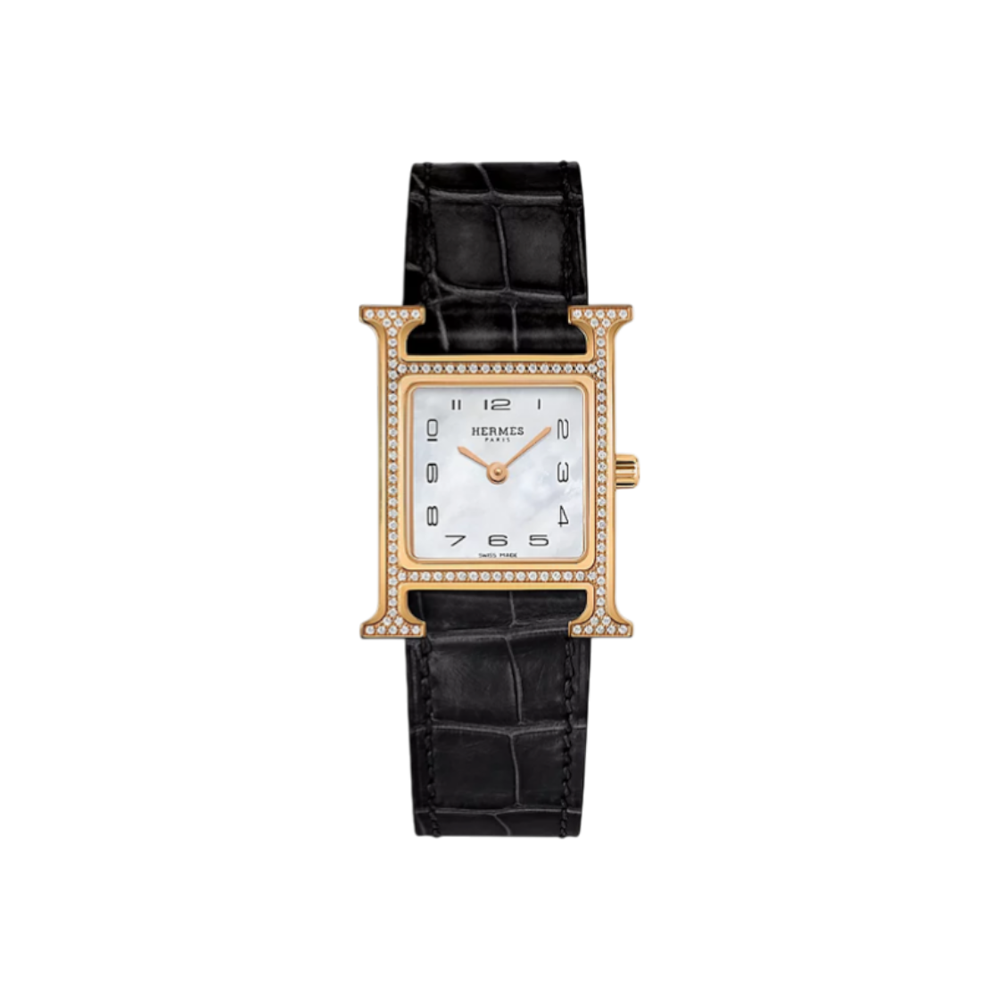 에르메스 H아워 베젤 다이아 블랙 엘리게이터 로즈골드 U각인(Hermes H-Our Bezel Diamond Black Alligator Rose Gold U Engraving)