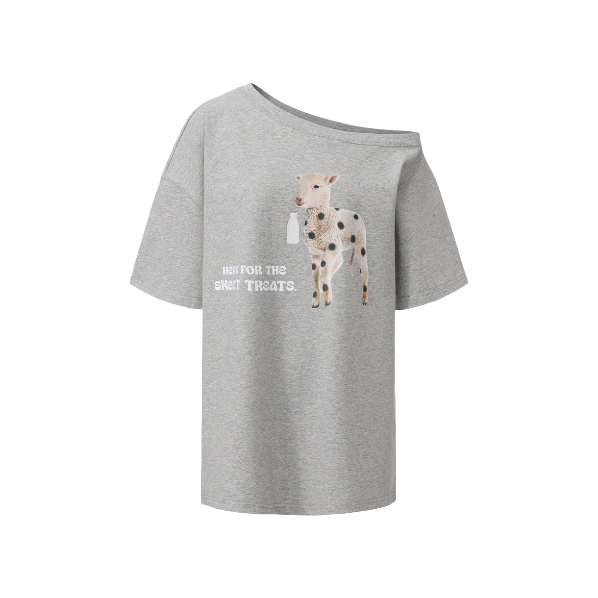 마크공 우먼 스위트 트리트 쉽 프린티드 오프 숄더 쇼트 슬리브 티셔츠 그레이 - 26SS(Markgong Women Sweet Treat Sheep Printed Off Shoulder Short Sleeve T-Shirt Gray - 26SS)