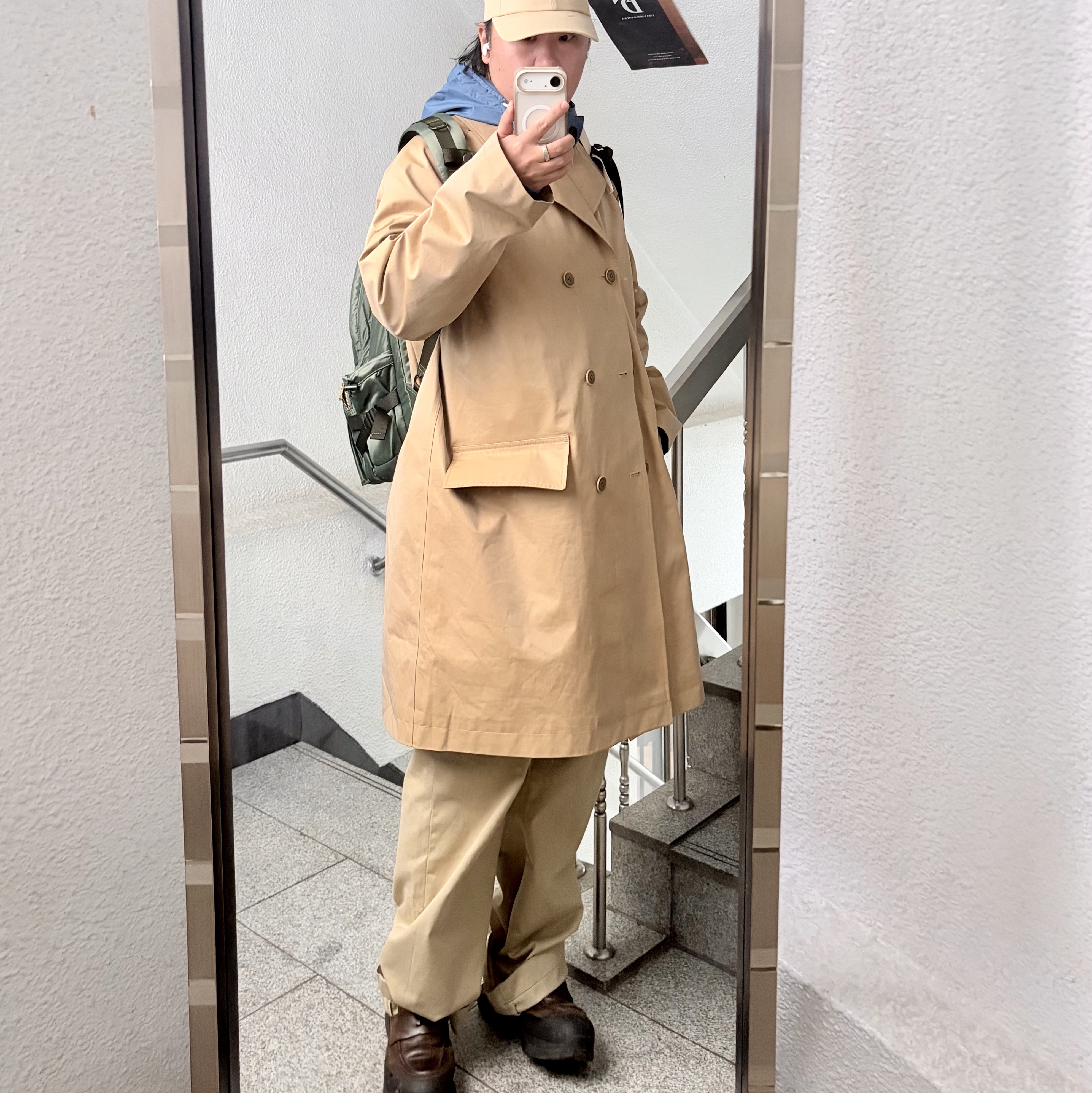 Nanamica Gore-Tex Balmacaan Coat Beige, Nanamica Wide Chino Pants Khaki 착용 스타일