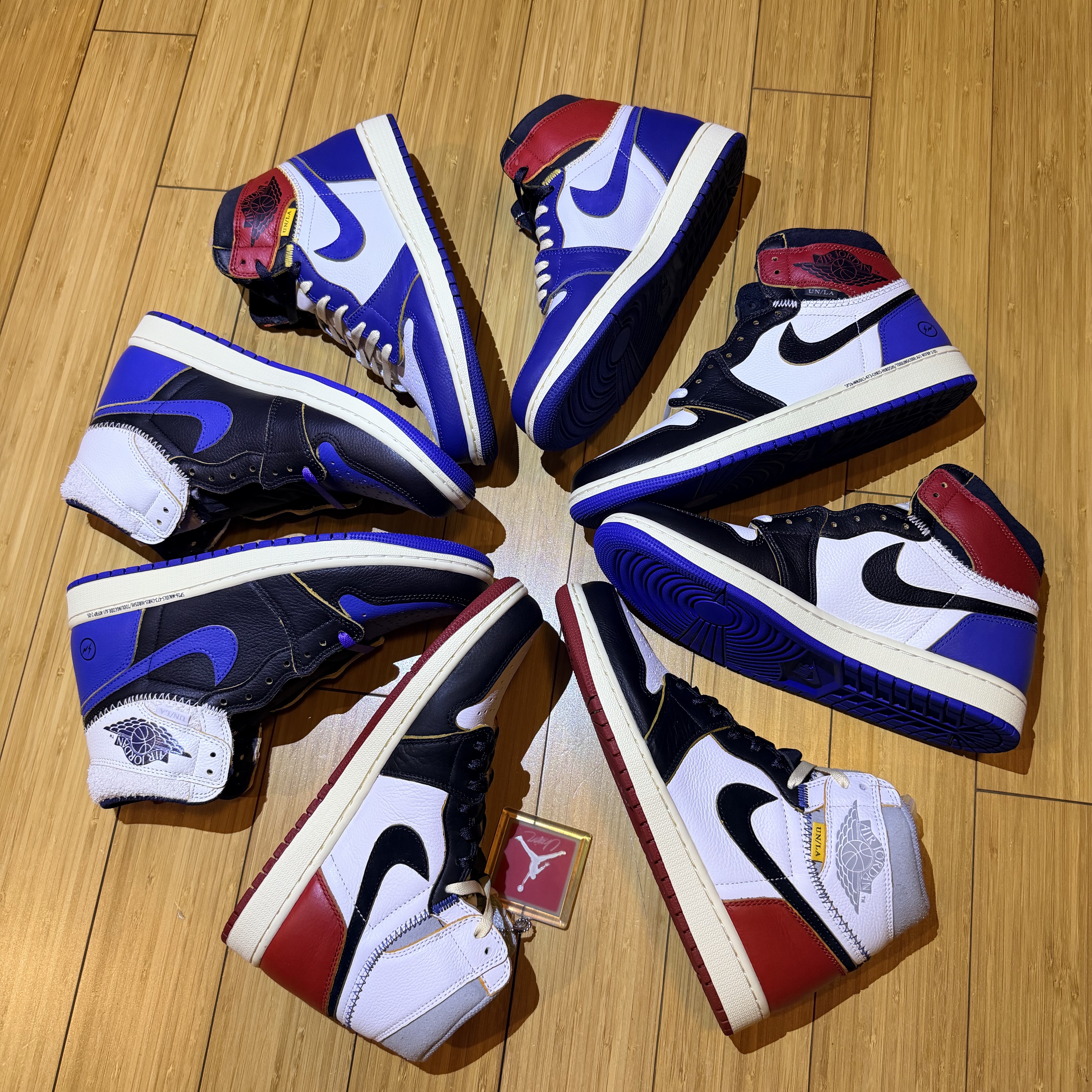Jordan 1 x Fragment x Union LA Black and Varsity Red, Jordan 1 x Fragment x Union LA Retro High OG SP Black Navy 착용 스타일