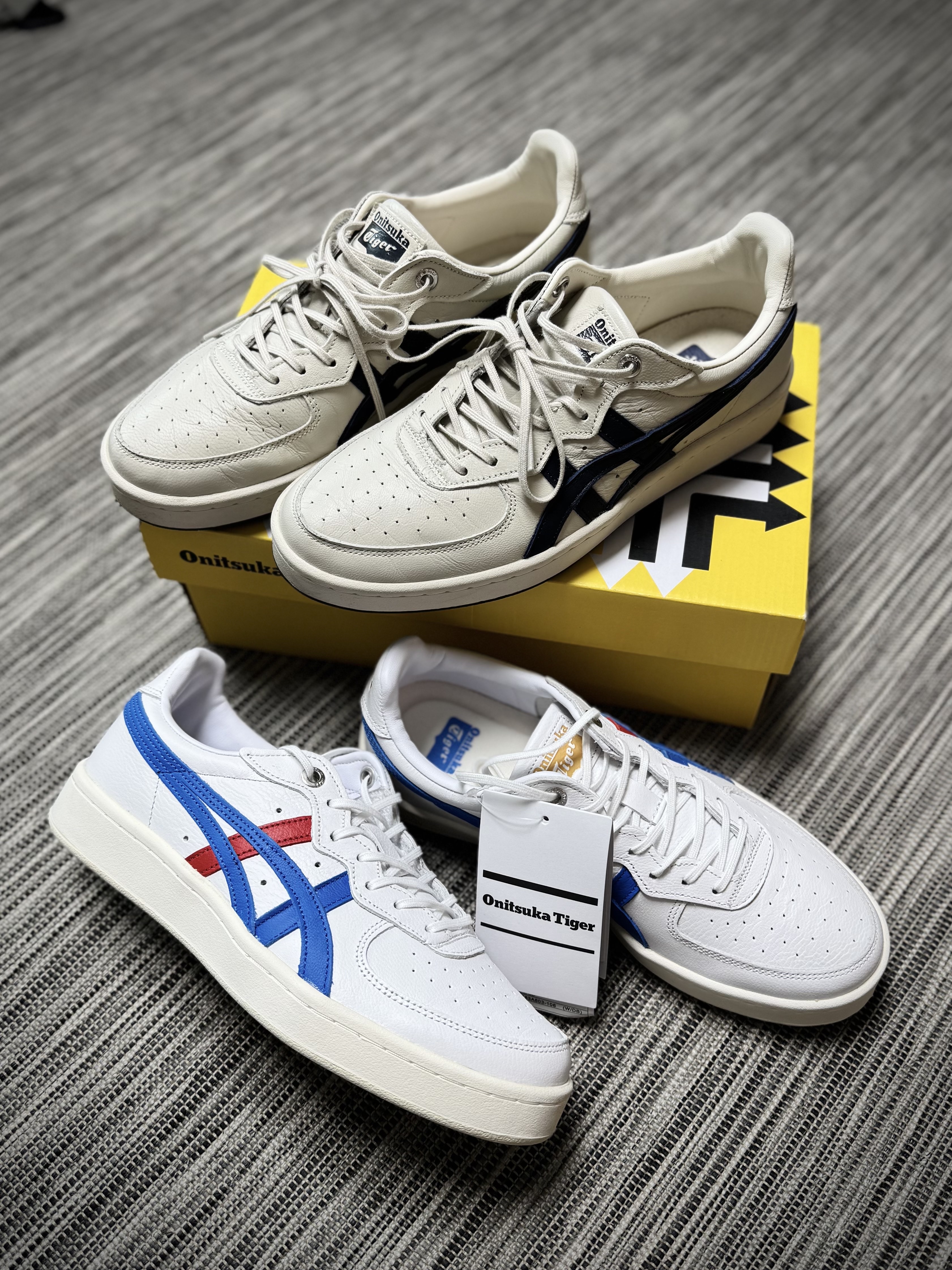 Onitsuka Tiger GSM SD Oatmeal Peacoat, Onitsuka Tiger GSM SD White Directoire Blue 착용 스타일