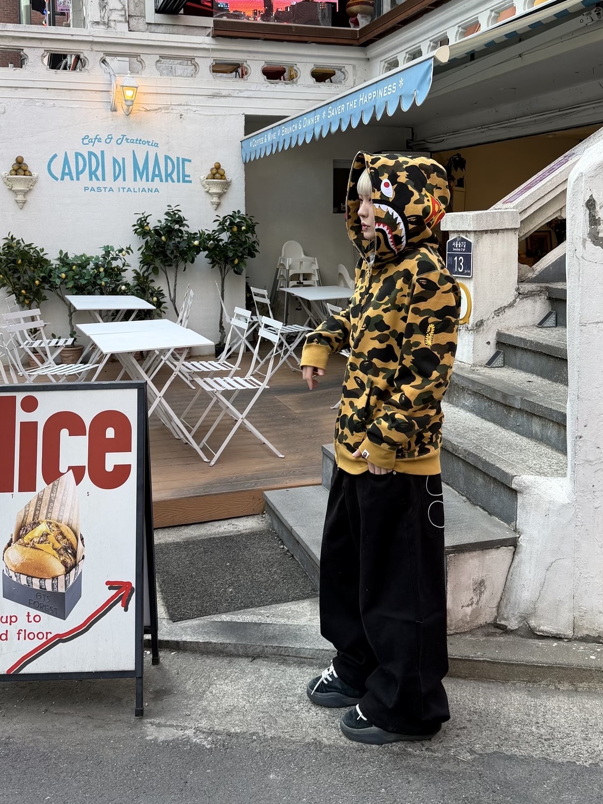 BAPE PONR 1st Camo 2nd Shark Full Zip Hoodie Yellow 착용 스타일