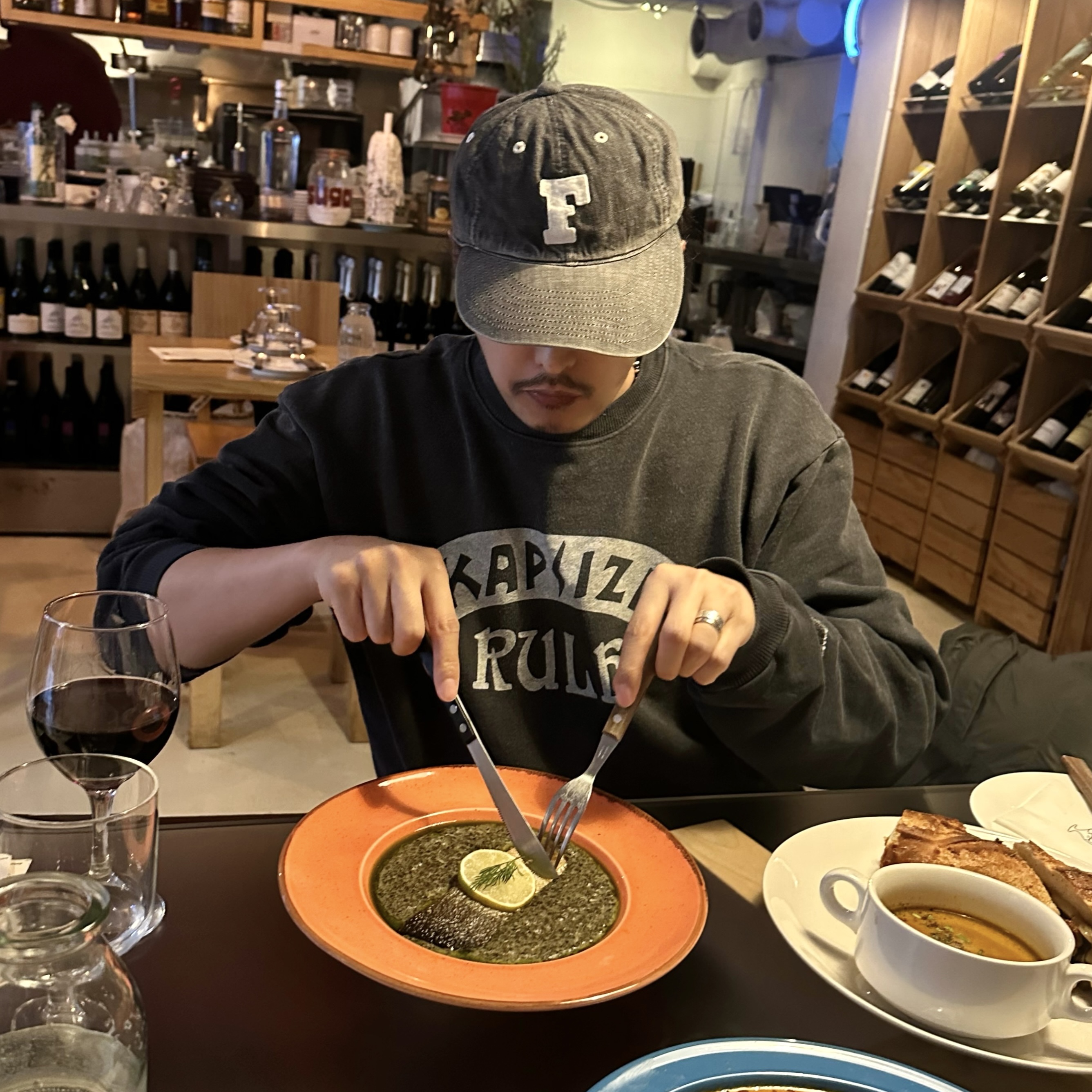 Kapital Kapsize Rule Pt Fleece Crew Sweatshirt Black 착용 스타일