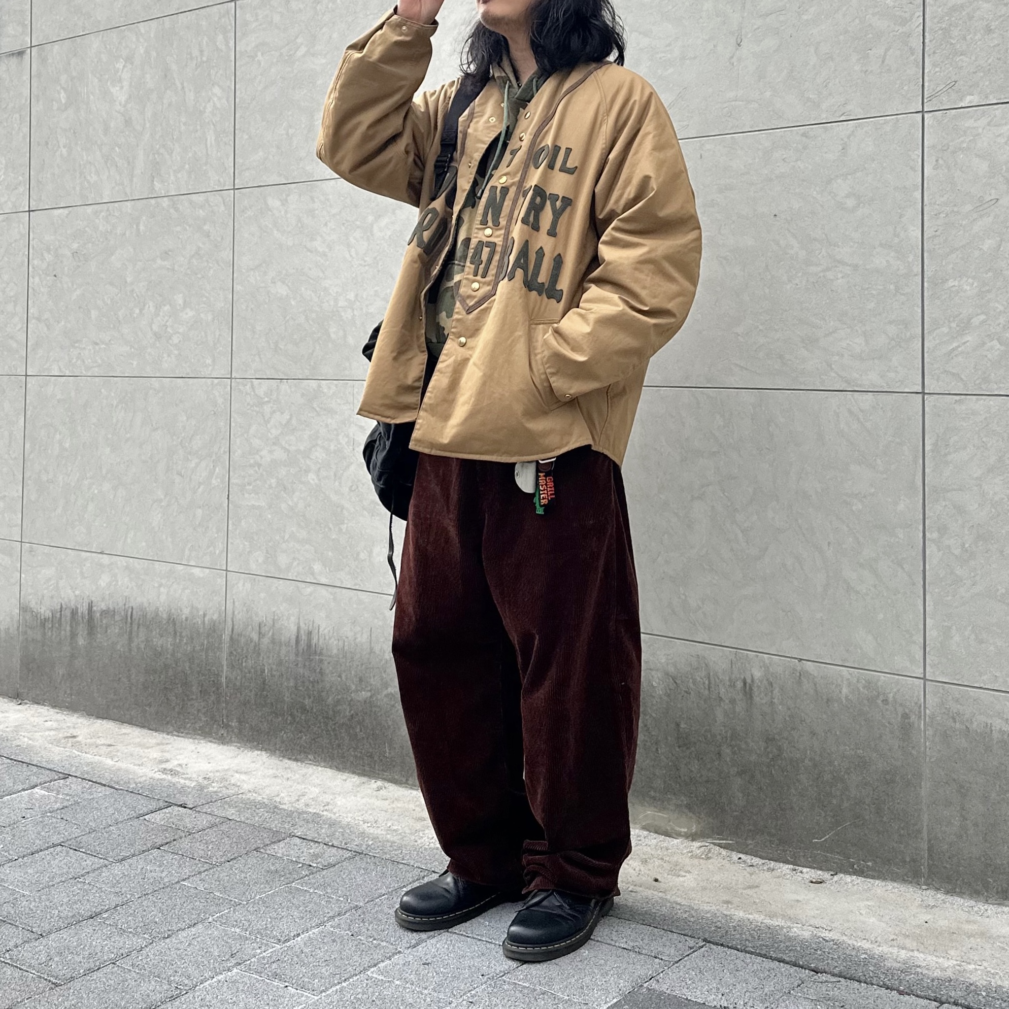 Kapital Cotton Weather Oil Coated Baseball Blouson Beige 착용 스타일