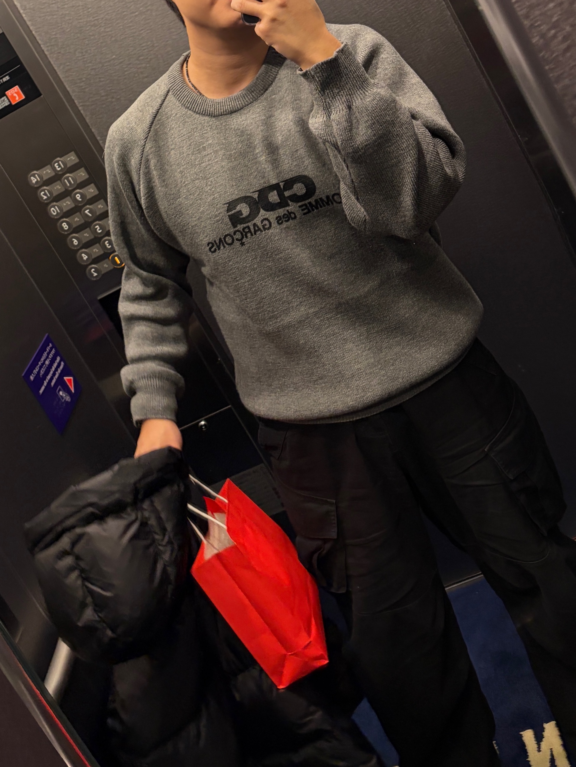 CDG Round Neck School Pullover Grey, Flavorism VTG Washed Cargo Pants Black 착용 스타일 - 3