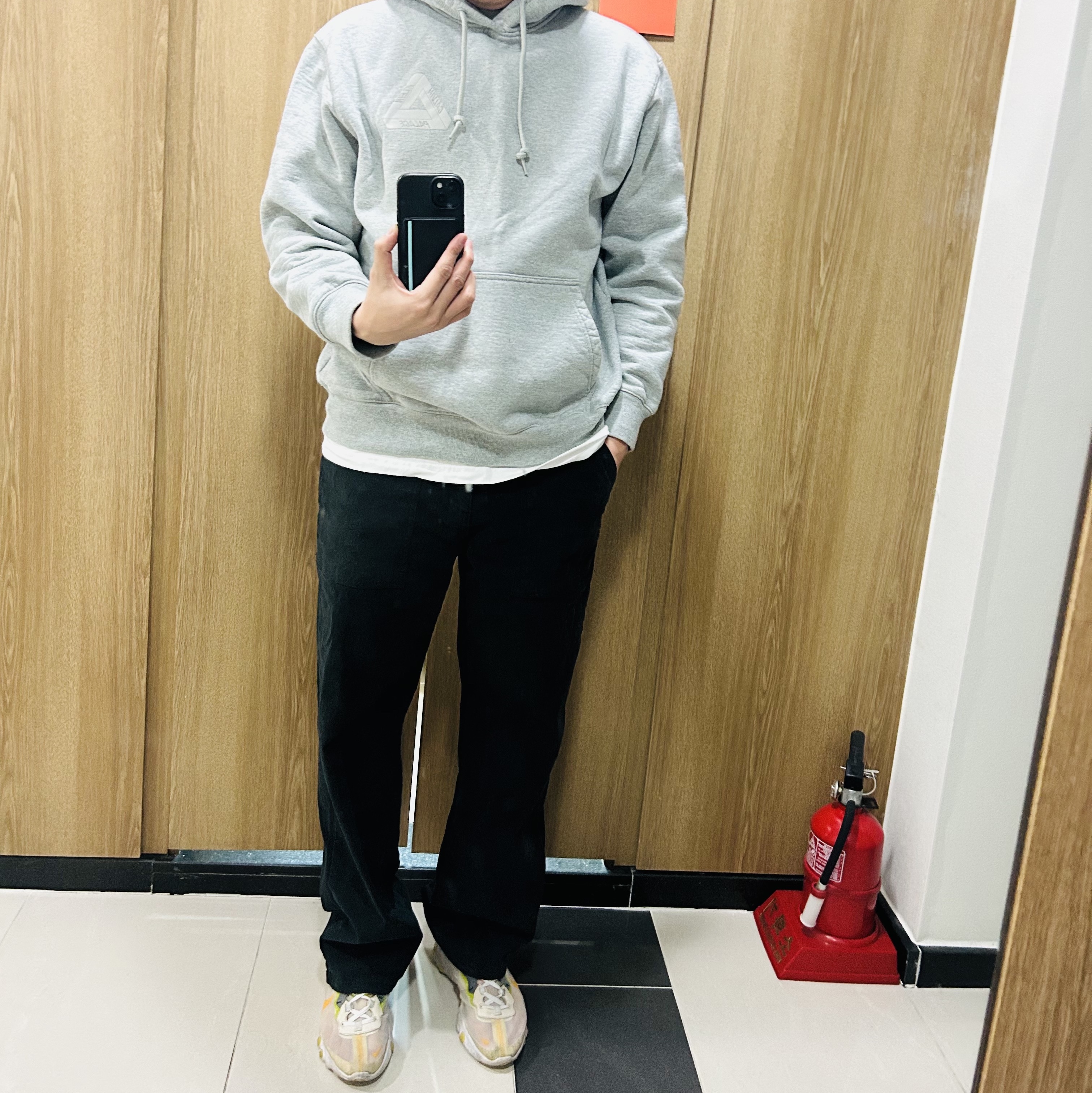 Palace x CK1 Tri-Ferg Hood Grey Marl - 22SS, Nike React Element 87 Light Orewood Brown 착용 스타일