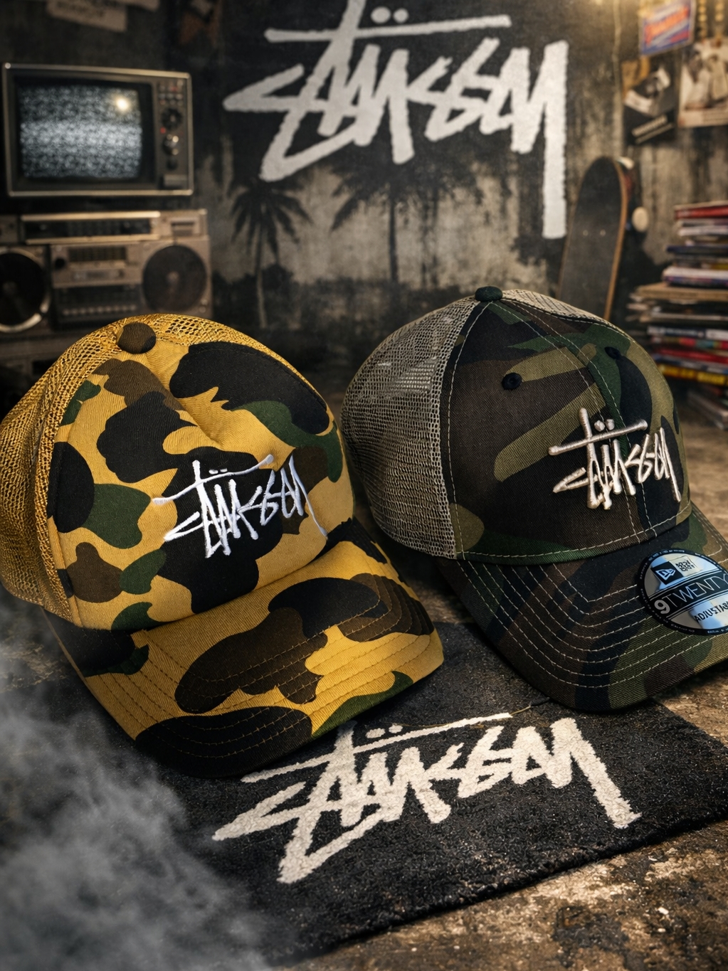 Stussy x BAPE Trucker Cap Yellow, Stussy New Era 9twenty Basic Trucker Woodland Camo 착용 스타일