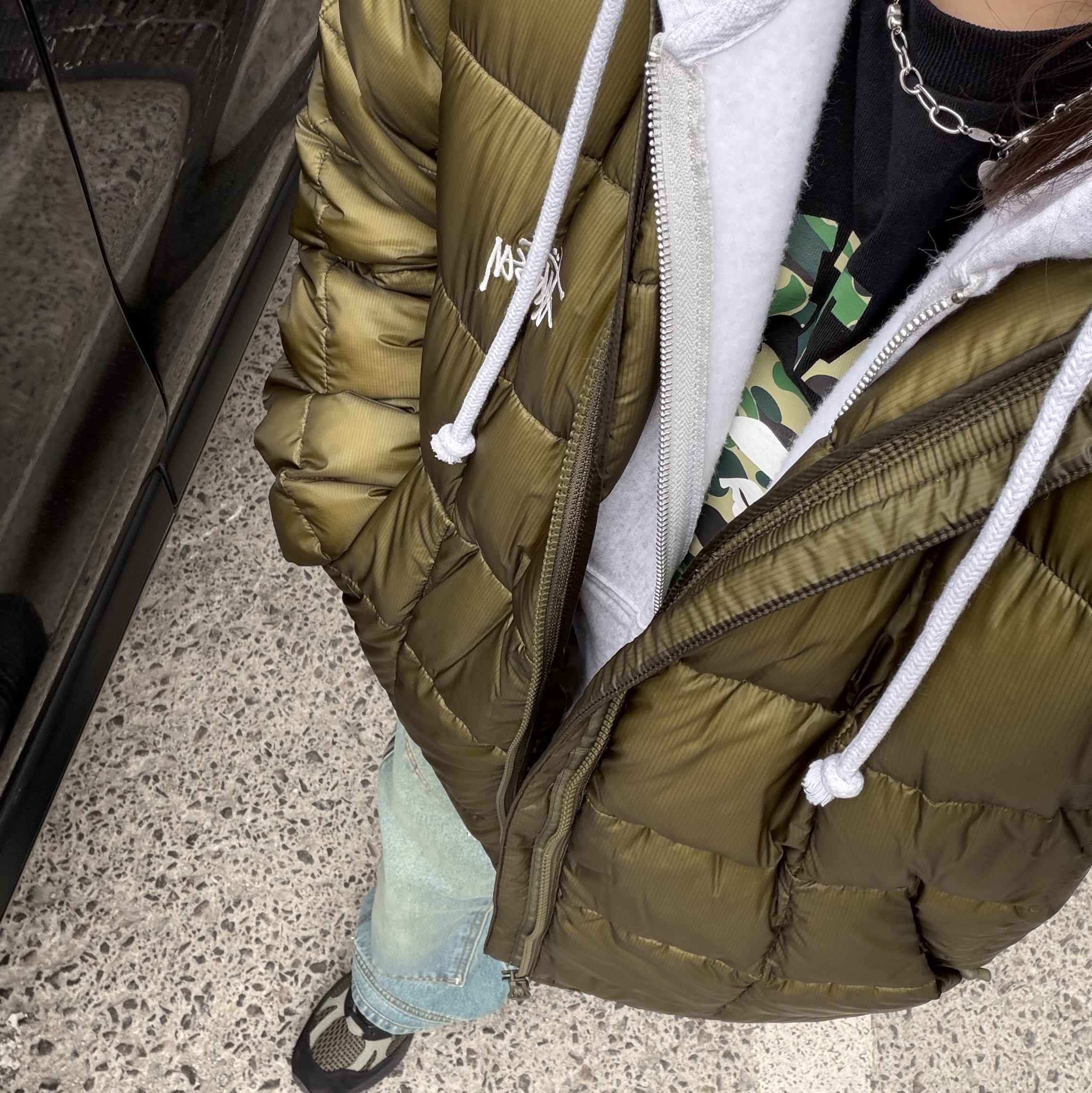 Stussy Midweight Puffer Olive, Stussy Stock Seoul Zip Hood Ash Heather 착용 스타일