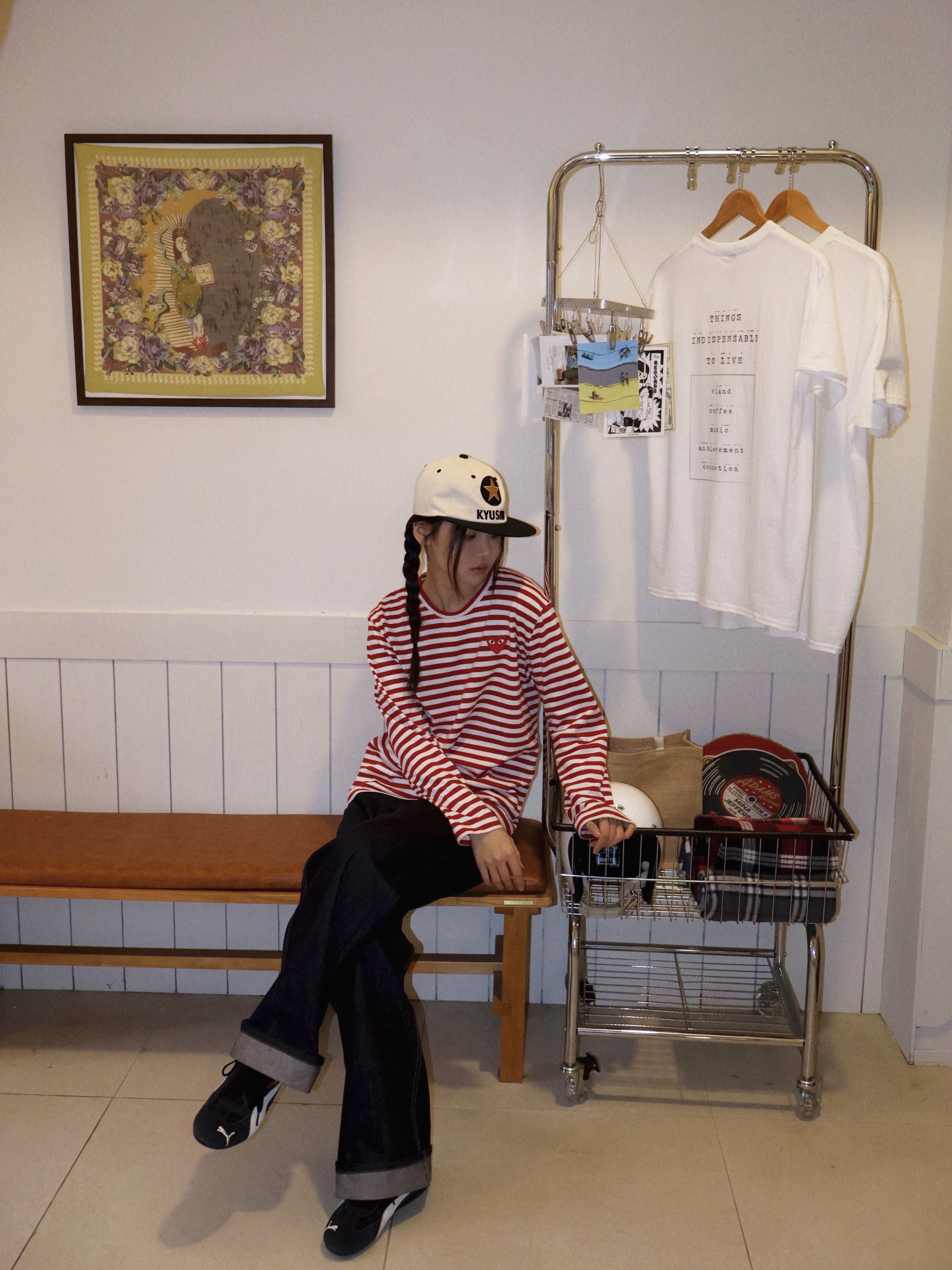 Aoiro KYUSHU Star ビール Cap, Play Comme des Garcons Striped LS T-Shirt Red White 착용 스타일 - 1