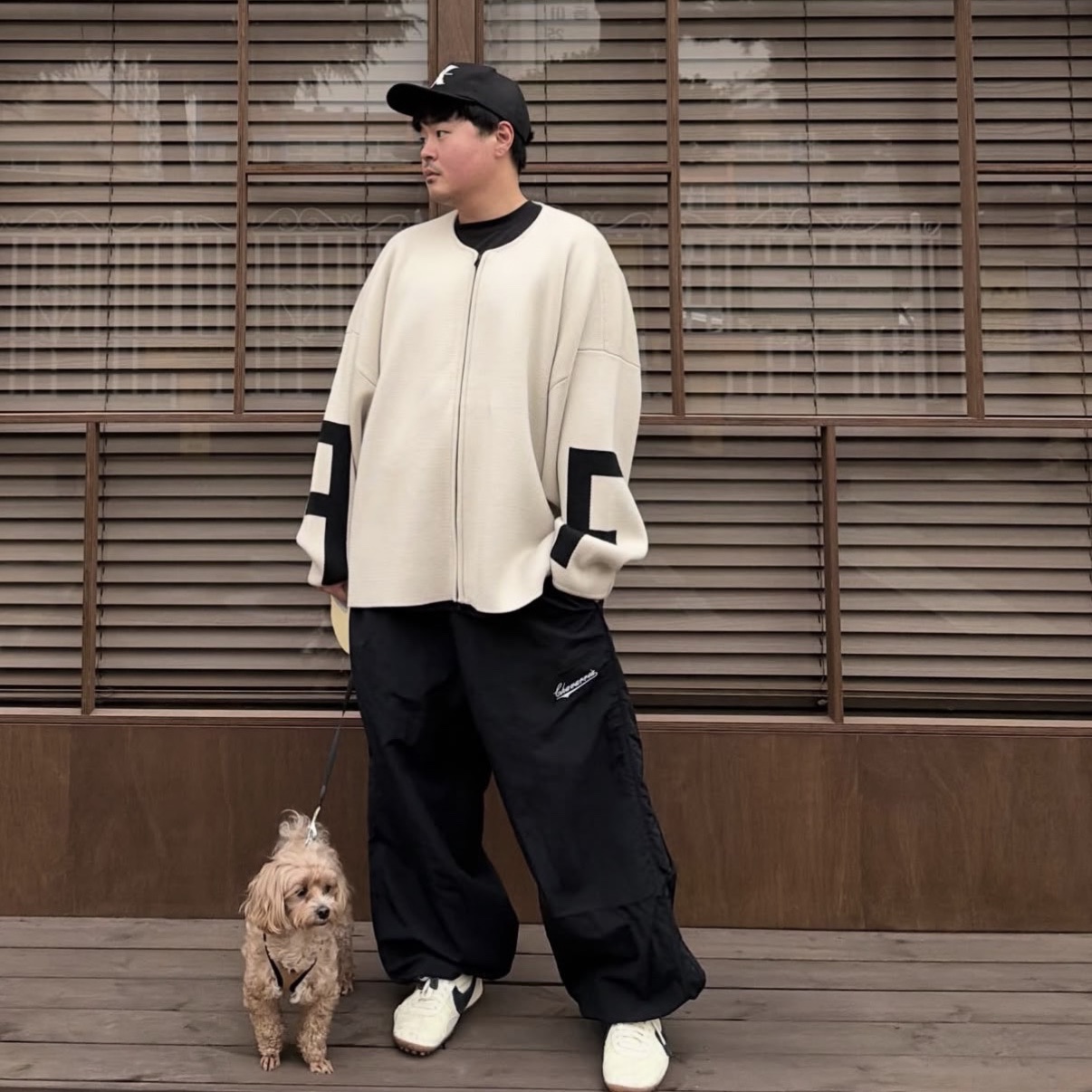 Nike x Jacquemus Moon Shoe SP Alabaster Off Noir, Fear of God Merino Full Zip Sweater Lemon Cream 착용 스타일