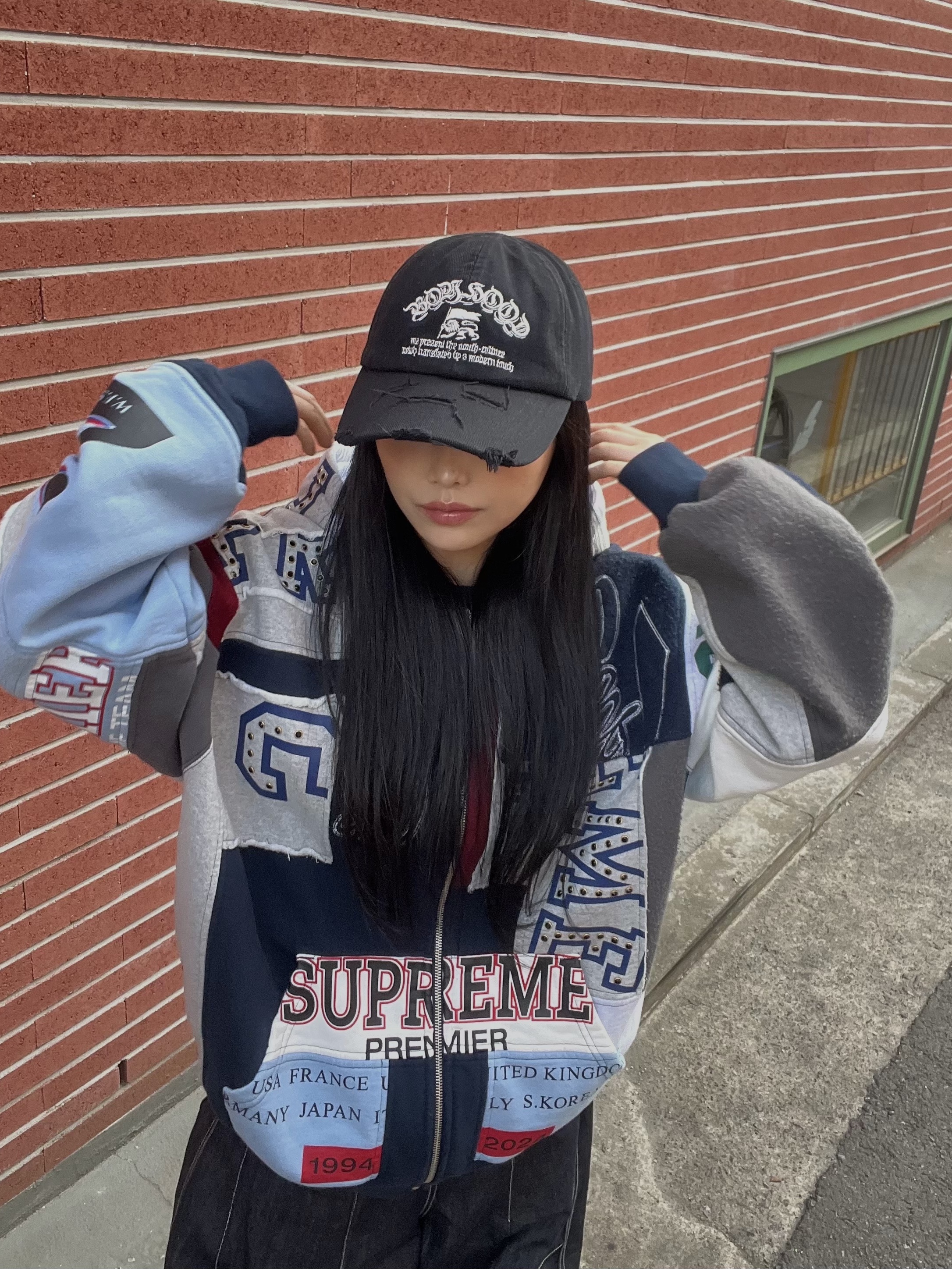 Supreme Patchwork Zip Up Hooded Sweatshirt Navy - 25SS, Rick Owens Hollywood Mega Bumper Geobasket in Full Grain Calf Leather Black Milk 착용 스타일 - 7