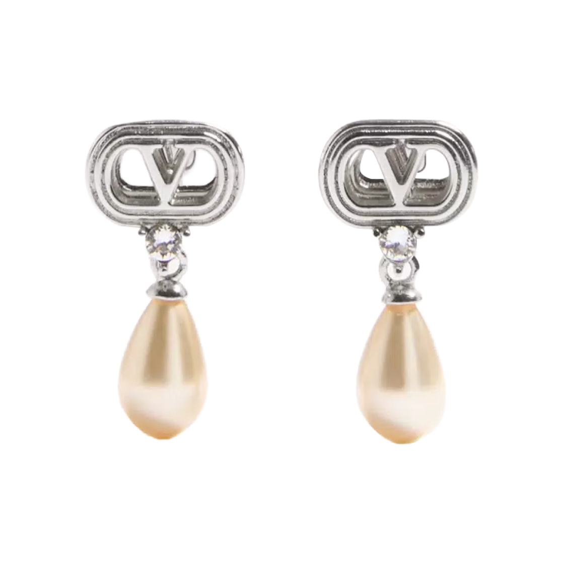 J0BG8WKDDFF (W) Valentino Ovalette Earrings in Metal Pearl and Swarovski Crystals Rhodium