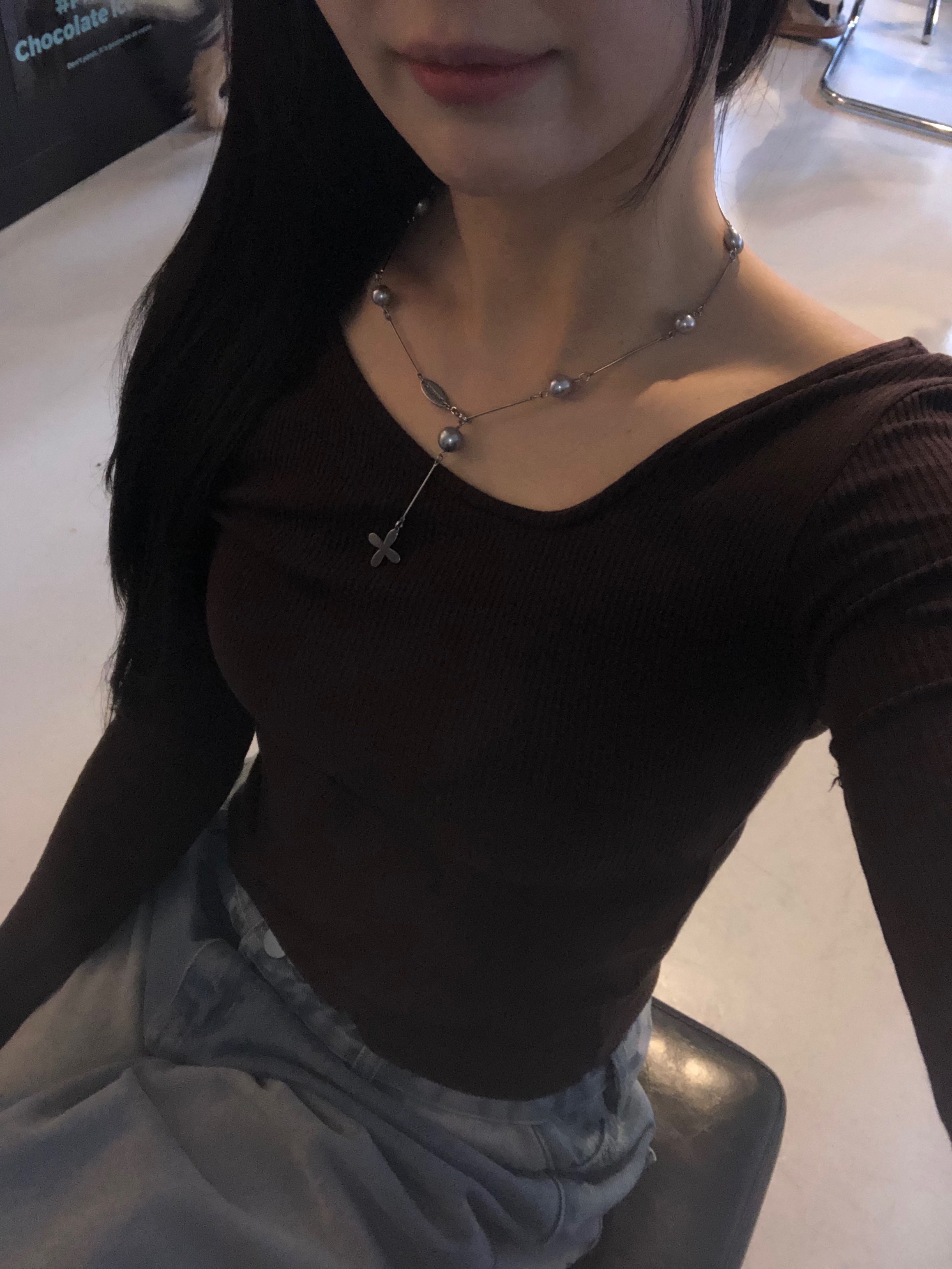 Riomeu Silver Ocean Pear Stick Necklace 착용 스타일