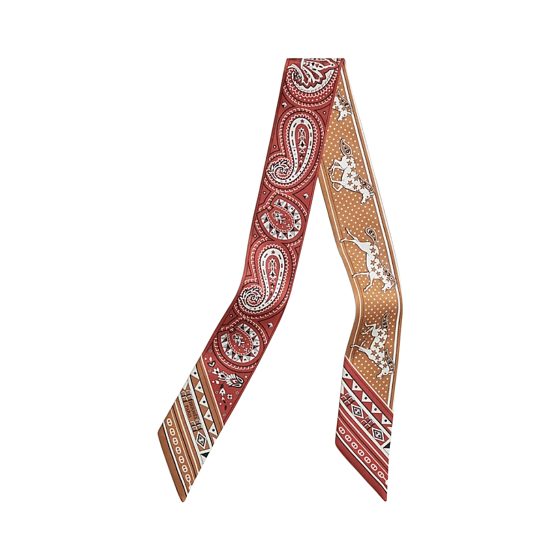 (W) 에르메스 슈발 드 하트 반다나 트윌리 실크 & 카라멜 테레 드 시엔느 블랑((W) Hermes Cheval De Coeur Bandana Twilly Silk & Caramel Terre De Sienne Blanc) - 1