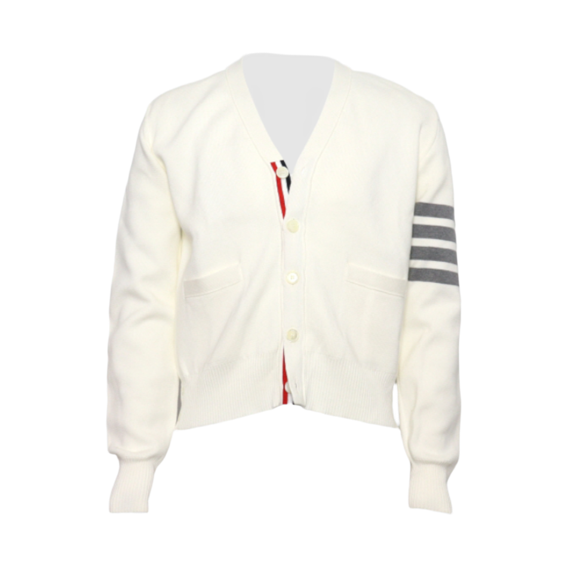 ITN8VSKV8ISR Thom Browne MKC171A White Milano Stitch Asymmetric Cardigan Unisex