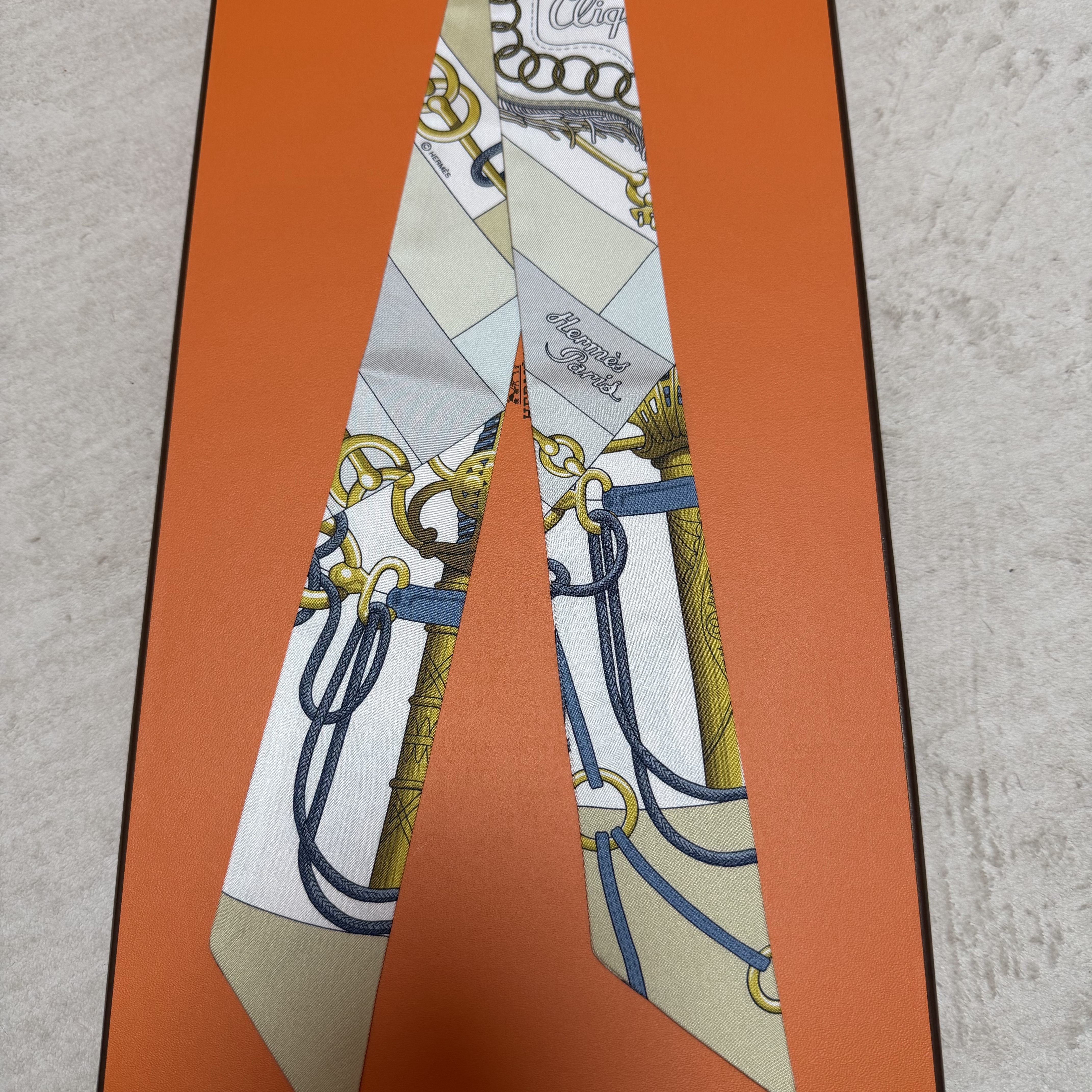 Hermes Cliquetis Twilly Silk & Blanc Jaune Clair Dore 착용 스타일 - 1