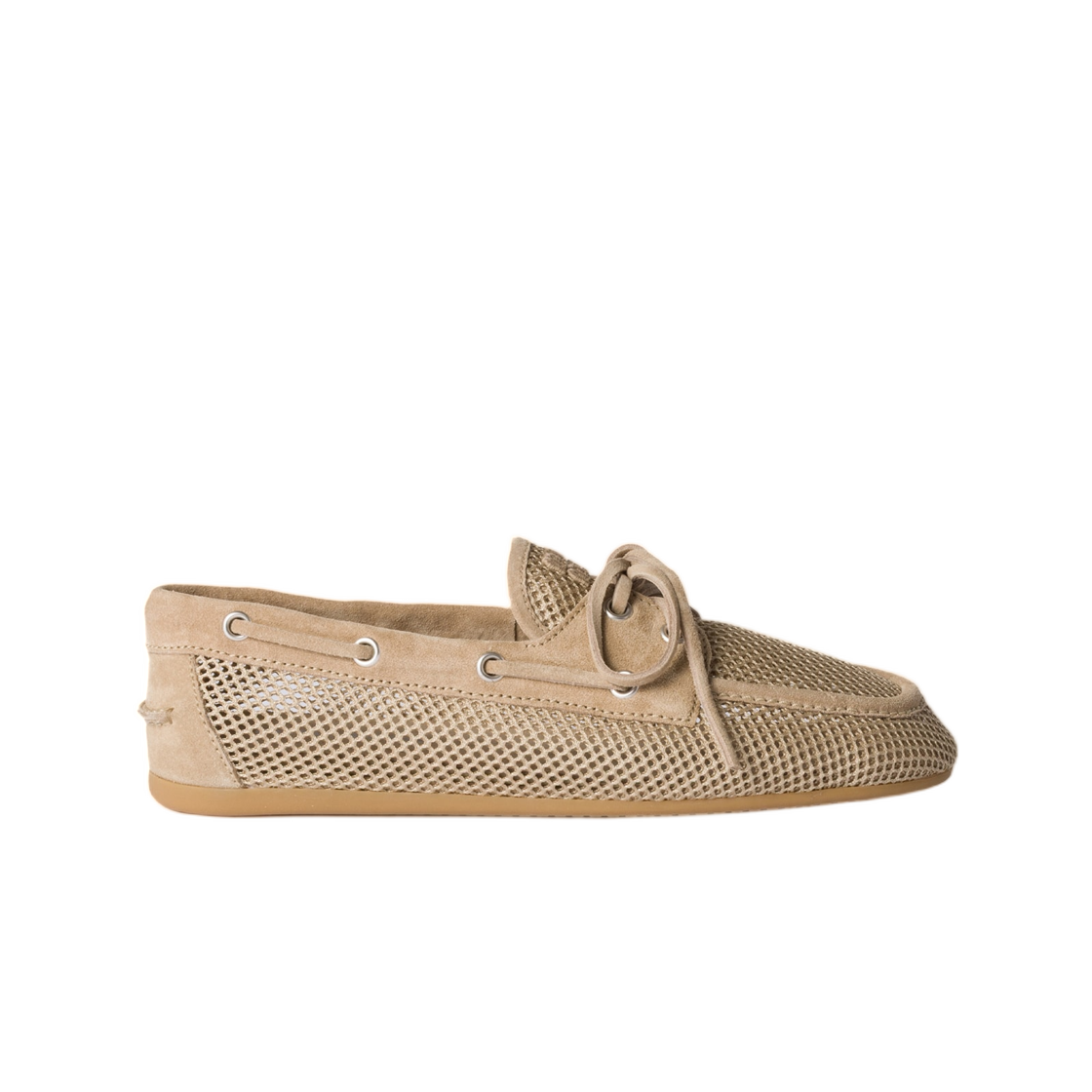 (W) 미우 미우 메쉬 앤 스웨이드 보트 슈즈 데저트 베이지((W) Miu Miu Mesh And Suede Boat Shoes Desert Beige)