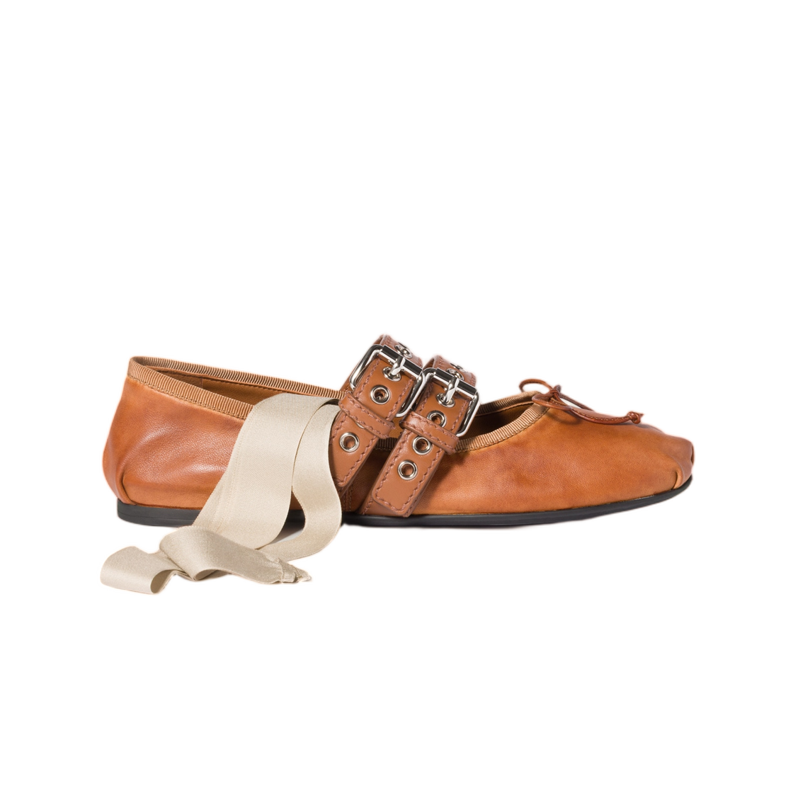 (W) 미우 미우 나파 앤 카프 레더 발레리나 카라멜((W) Miu Miu Nappa And Calf Leather Ballerinas Caramel)