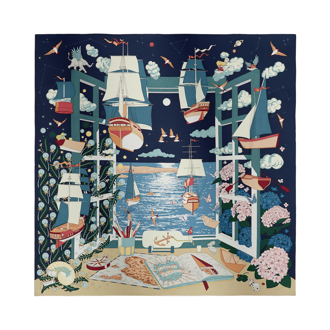 H004300S03 (W) Hermes L'Esprit S'Envole Scarf 90 Silk Twill & Bleu Marine Vert Creme