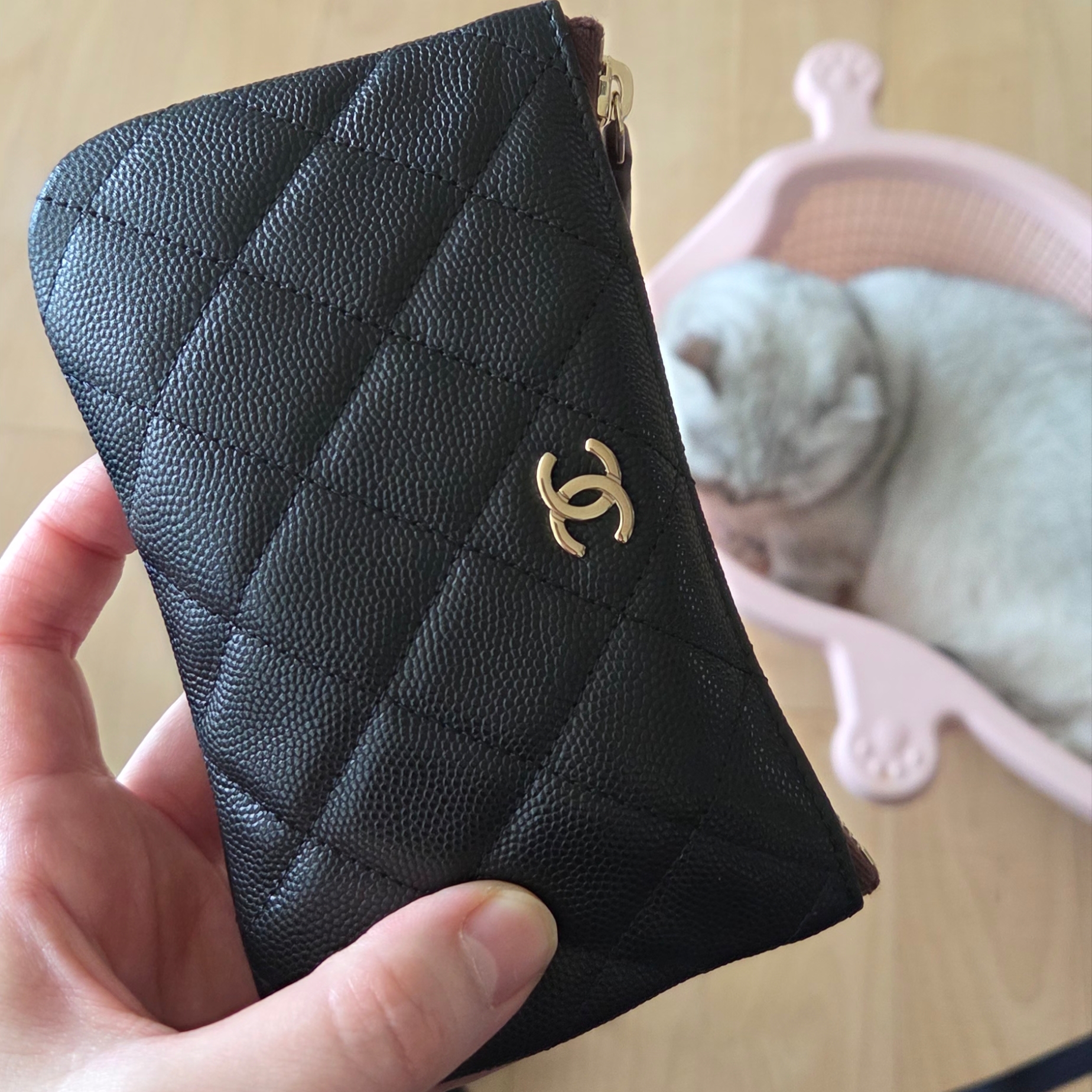Chanel Classic Small Zipped Case Grained Shiny Calfskin & Gold Black 착용 스타일
