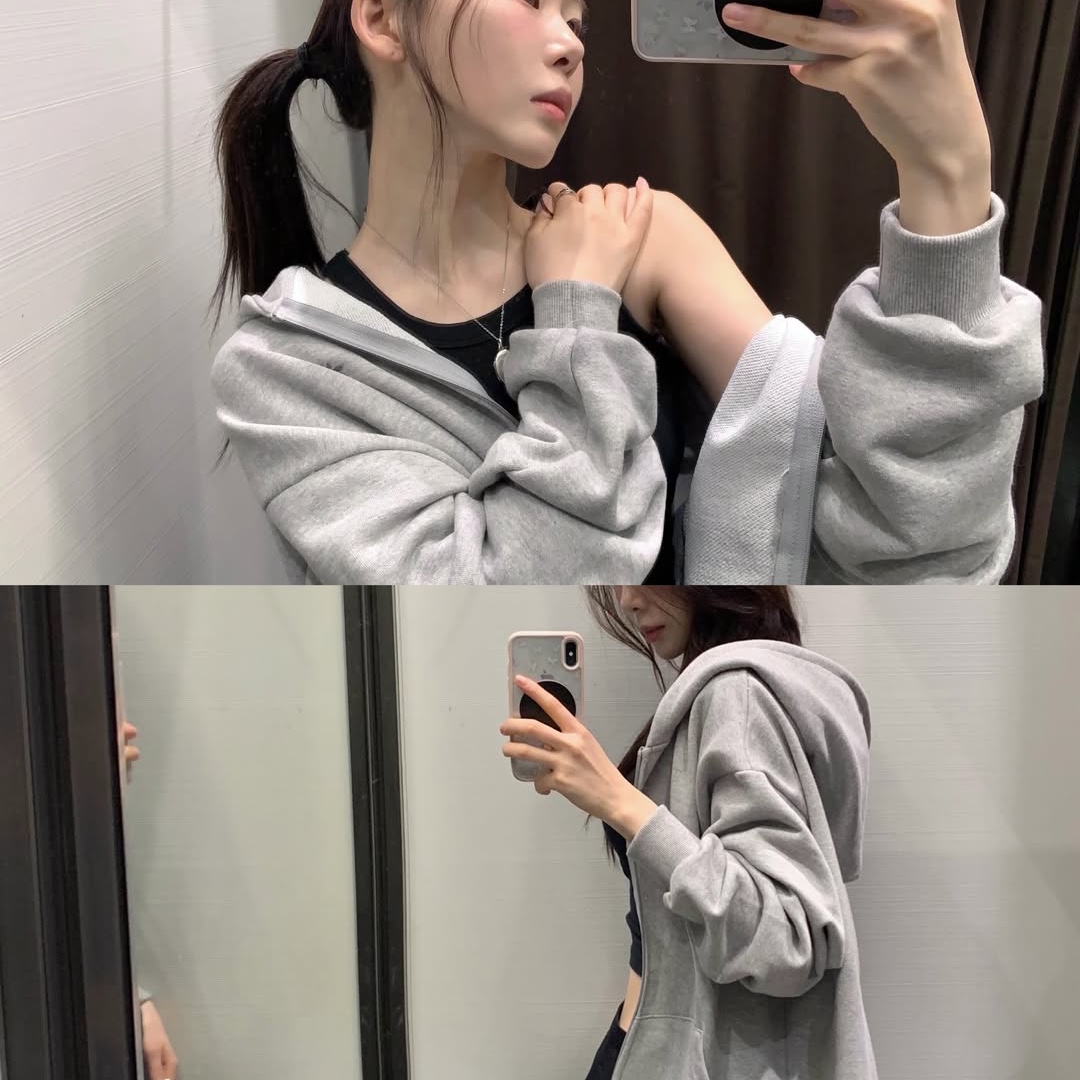 SLOW RECORD HOUSE Crop Hood Zip-Up Grey 착용 스타일 - 3