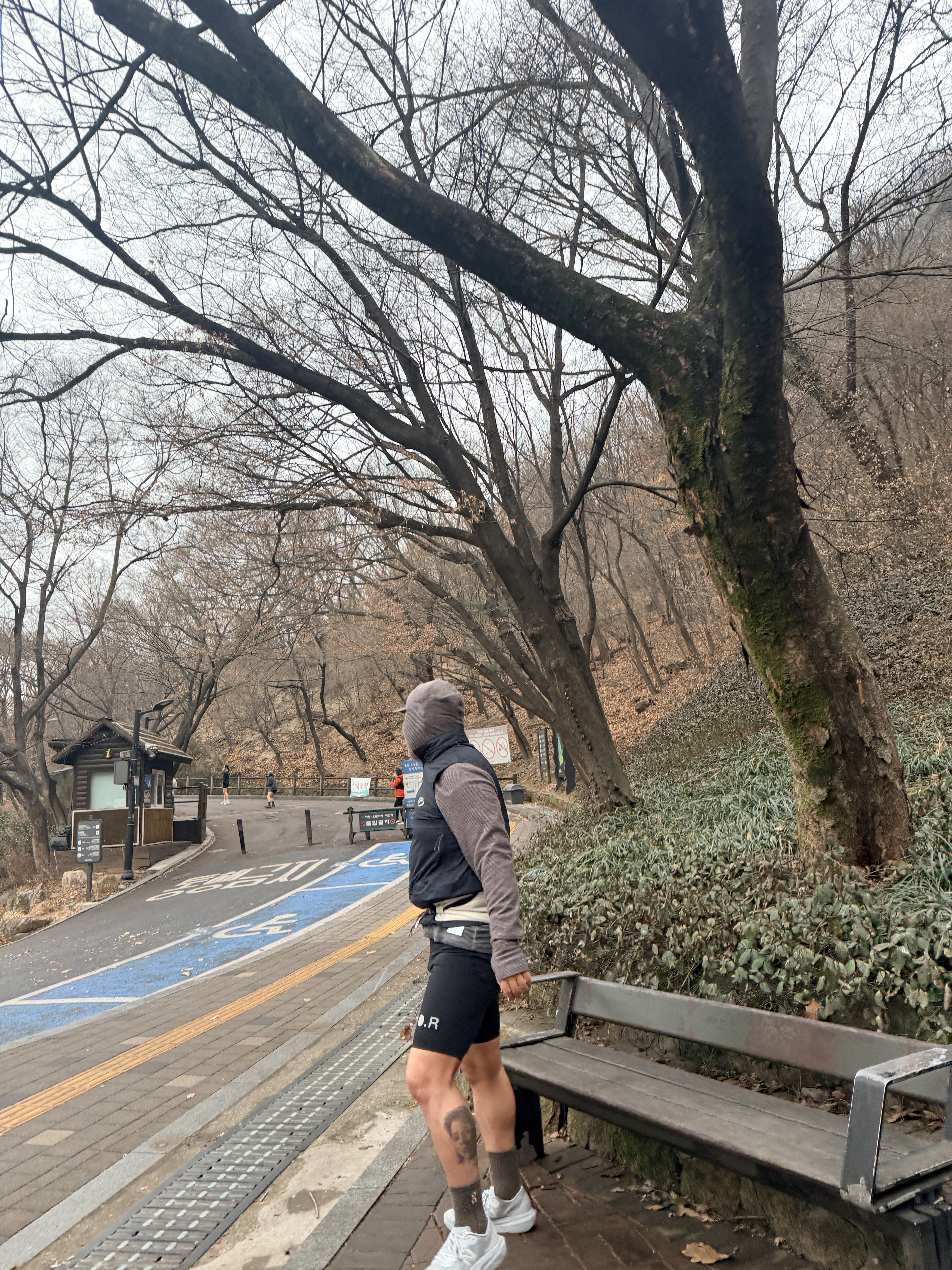 Optimistic Runners Merino Balaclava Hoodie Brown, Optimistic Runners OR Short Tights Black 착용 스타일
