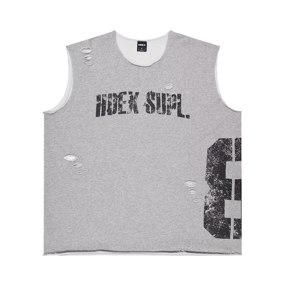 에이치덱스 넘버8 컷오프 데미지 슬리브리스 멜란지 그레이(HDEX Number 8 Cut-Off Damage Sleeveless Melange Gray)