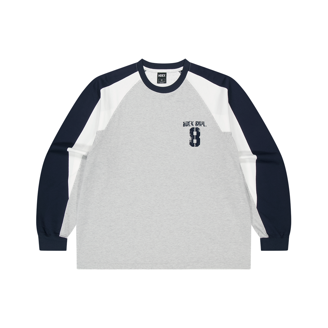 H3AM1ULTL04MWH HDEX Number 8 Raglan Block Long Sleeve Melange White
