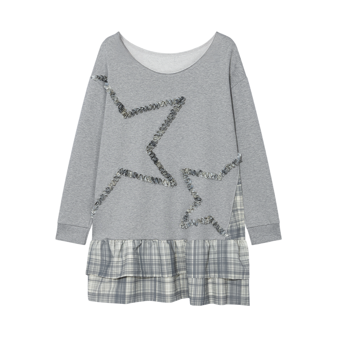 NSV021 UGLYSHADOW Checkered Off-Shoulder Sweatshirt Dress Grey