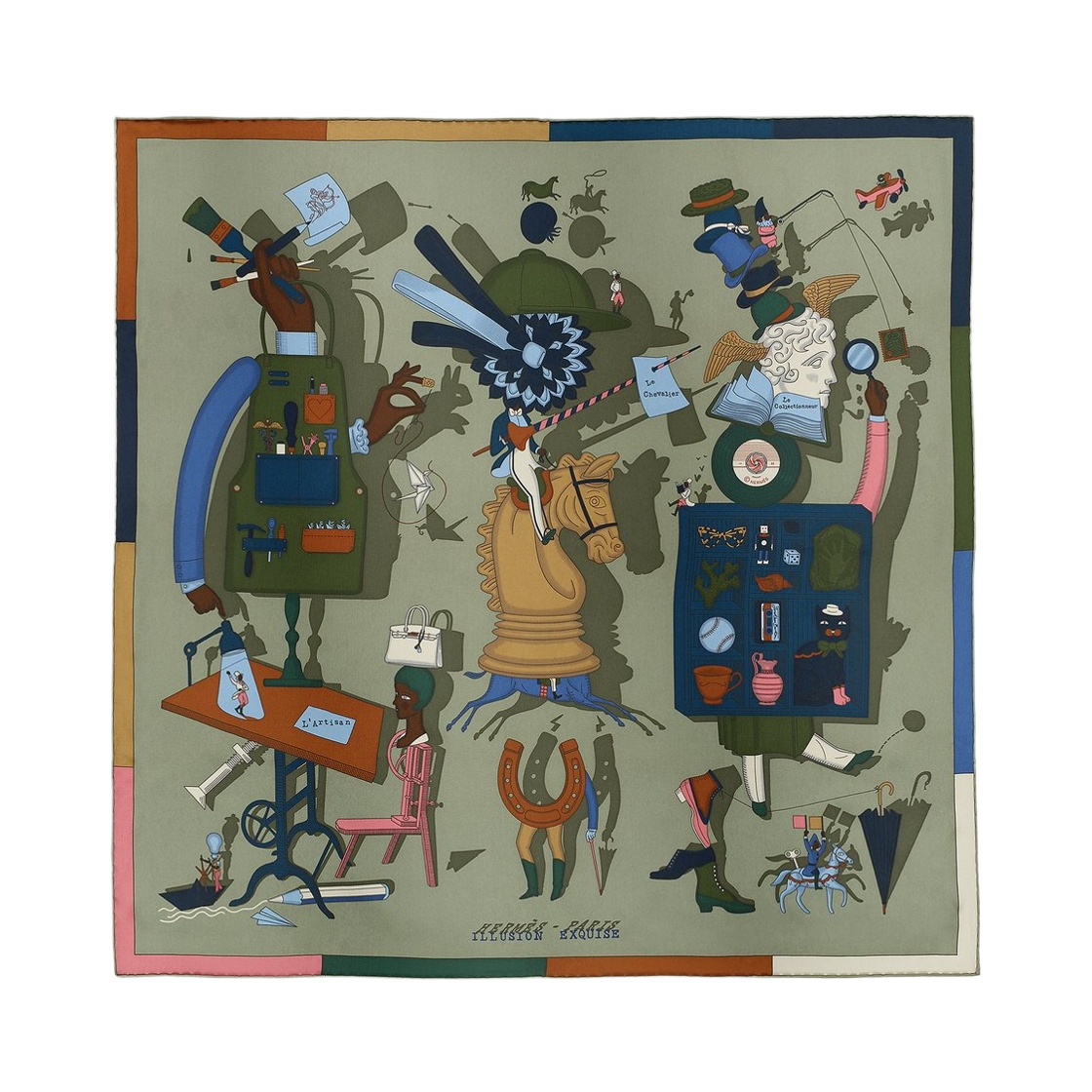(W) 에르메스 일뤼지옹 엑스키즈 스카프 70 실크 & 카키 블루 비유 로즈((W) Hermes Illusion Exquise Scarf 70 Silk & Kaki Bleu Vieux Rose) - 1