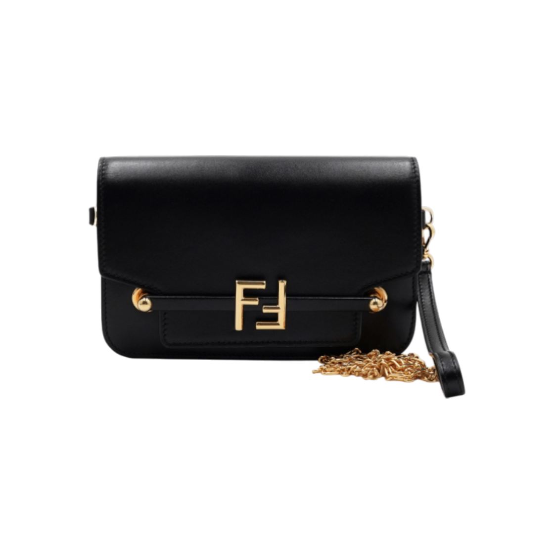 ITCBBPCB5HT4 Fendi Black Leather FF Logo Flap Shoulder Bag with Gold Chain