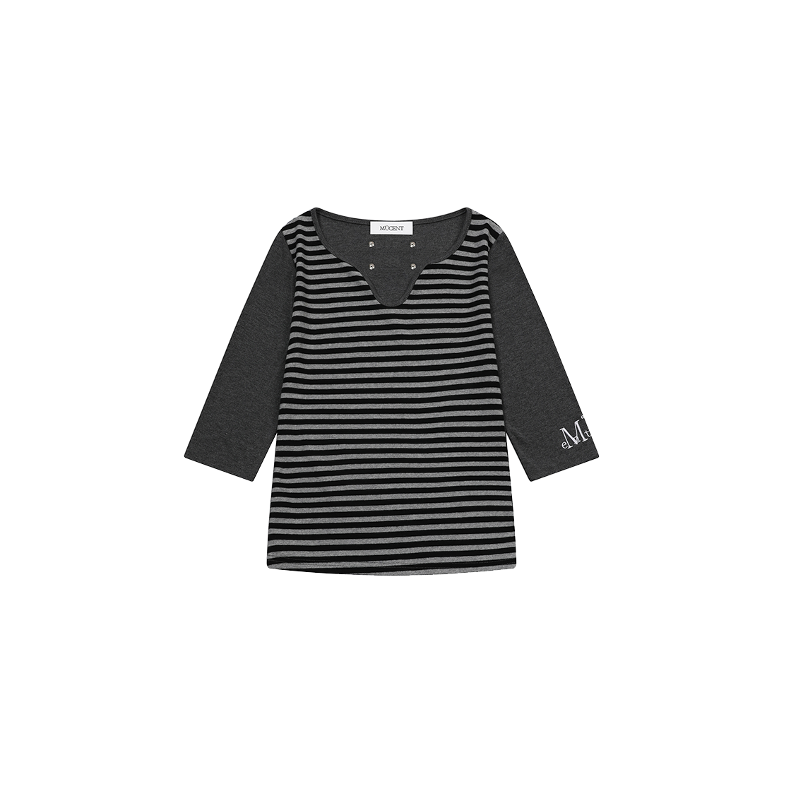 무센트 라피아 브이넥 7부 티 (2컬러) 차콜-스트라이프(MUCENT Raphia V-Neck Sleeve T (2Color) Charcoal-Stripe)