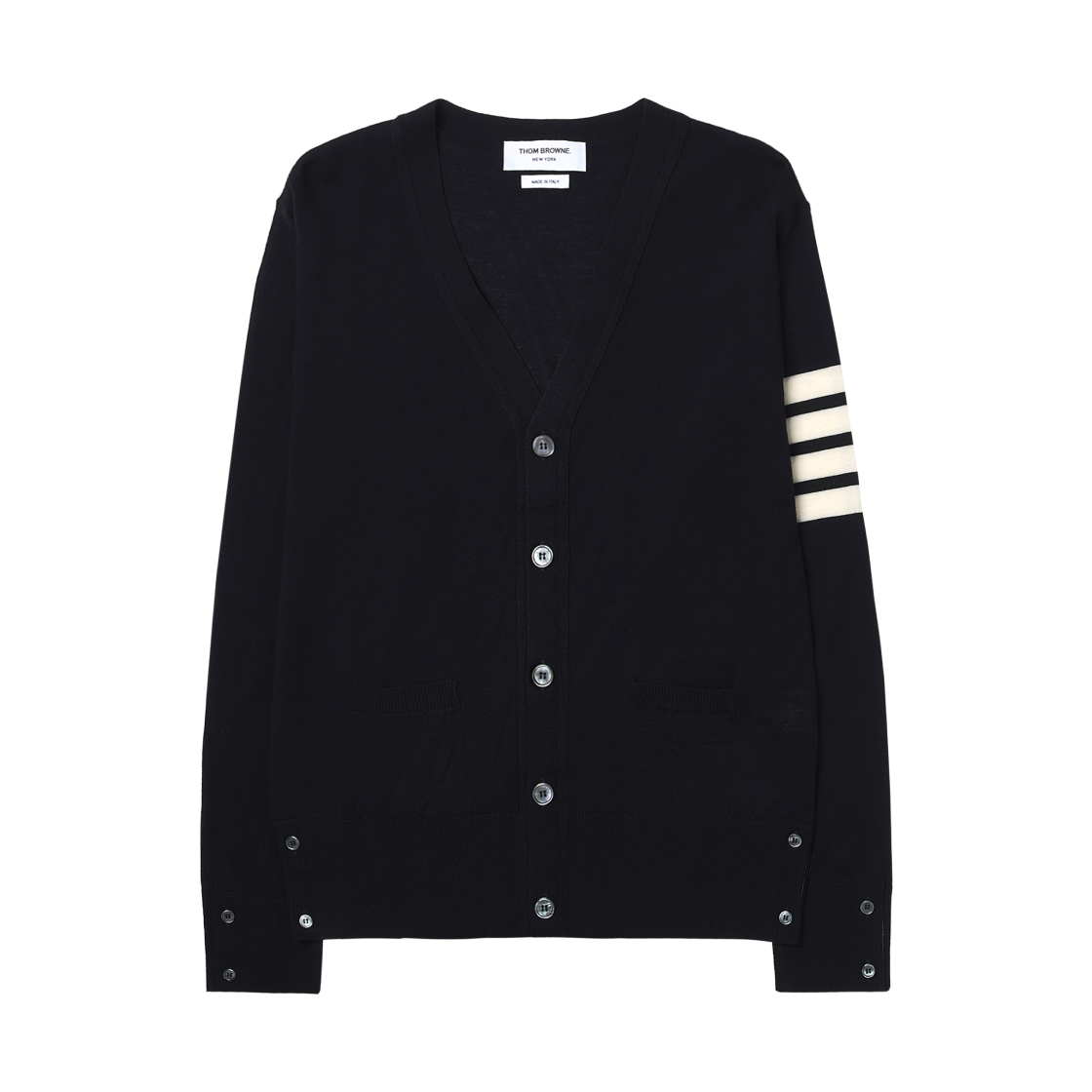 톰브라운 서스테이너블 파인 메리노 울 사선 클래식 가디건 네이비(Thom Browne Sustainable Fine Merino Wool 4-Bar Classic Cardigan Navy)